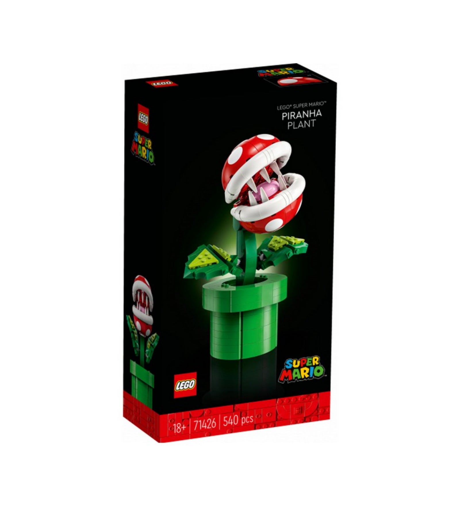 A LEGO Super Mario Piranha növény (71426) doboza fekete háttérrel, középen a látványos piranha figura, alul a darabszám (540) és az ajánlott korosztály (18+).