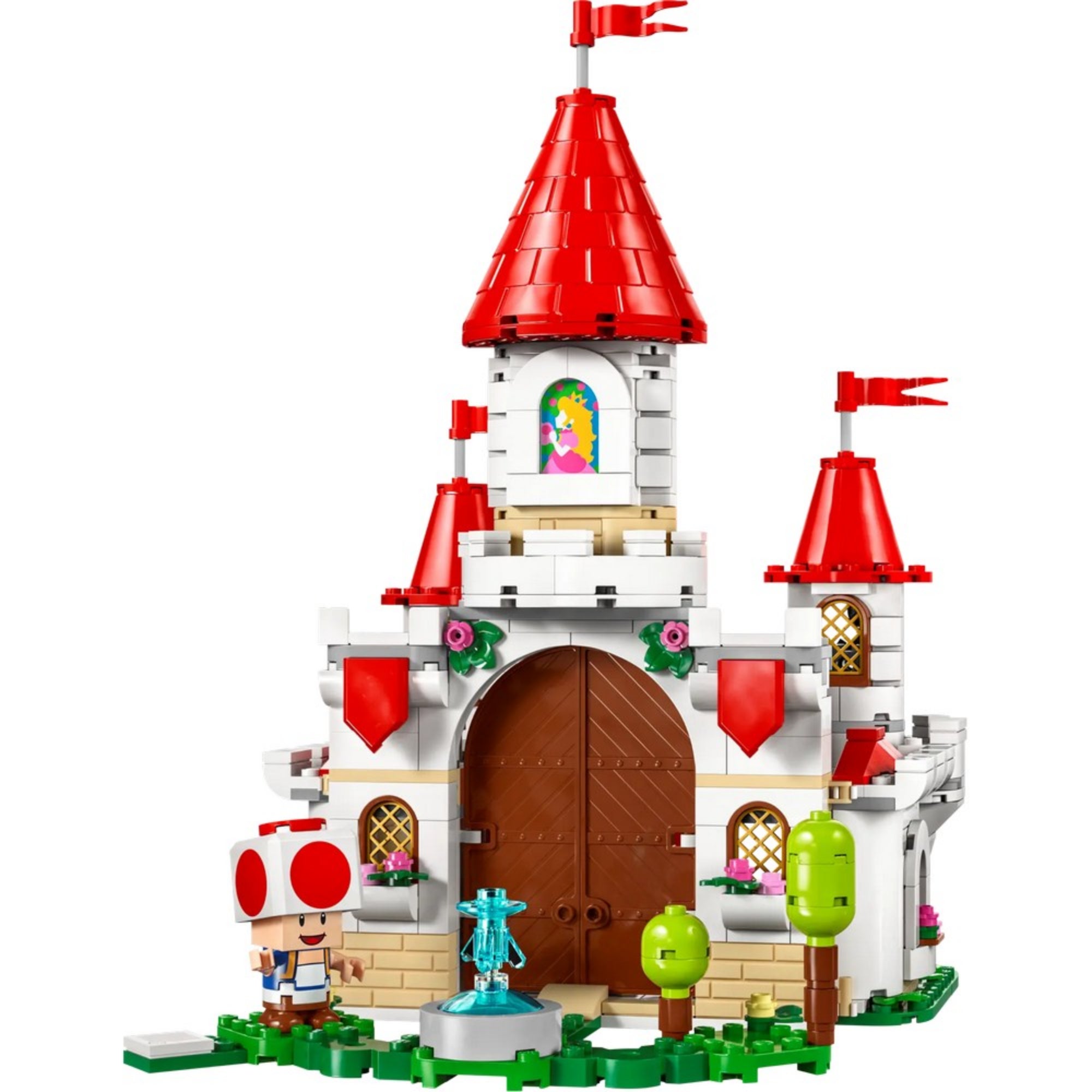 Peach a kastélyban: LEGO Peach figura belül a kastélyban, kandallóval, könyvespolccal és apró részletekkel.