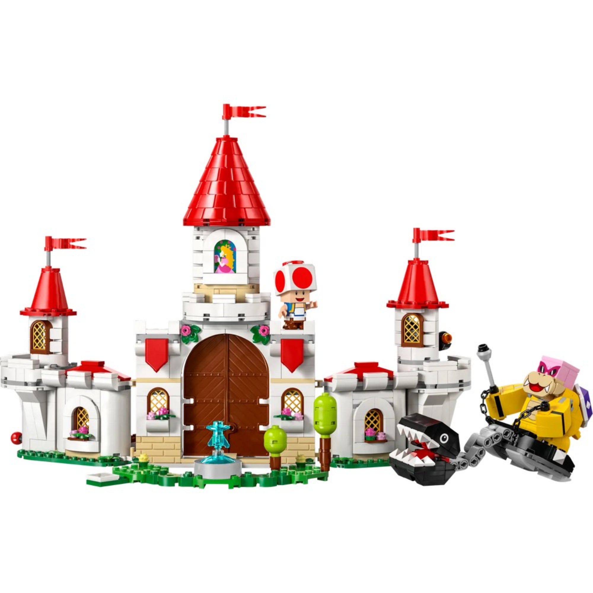 A kastély teljes nézete: A LEGO Peach kastélya (71435) teljes egészében, Toad és Roy figurákkal, valamint a láncos harcossal.