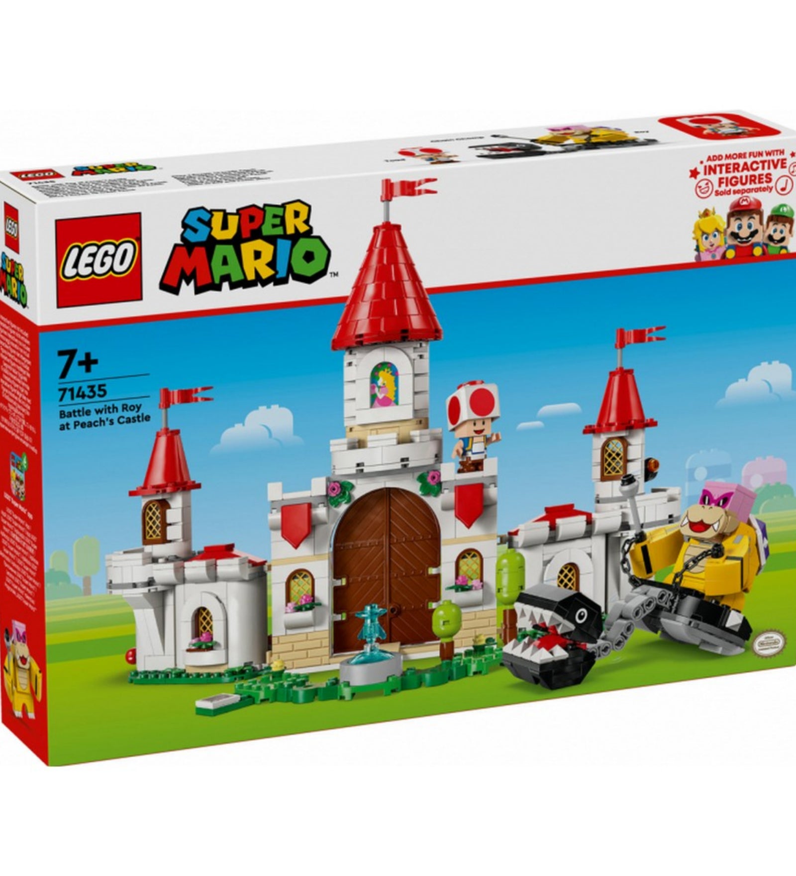 Doboz előlapja: LEGO Super Mario 71435 dobozának színes grafikája Peach kastélyával és Roy figurájával.