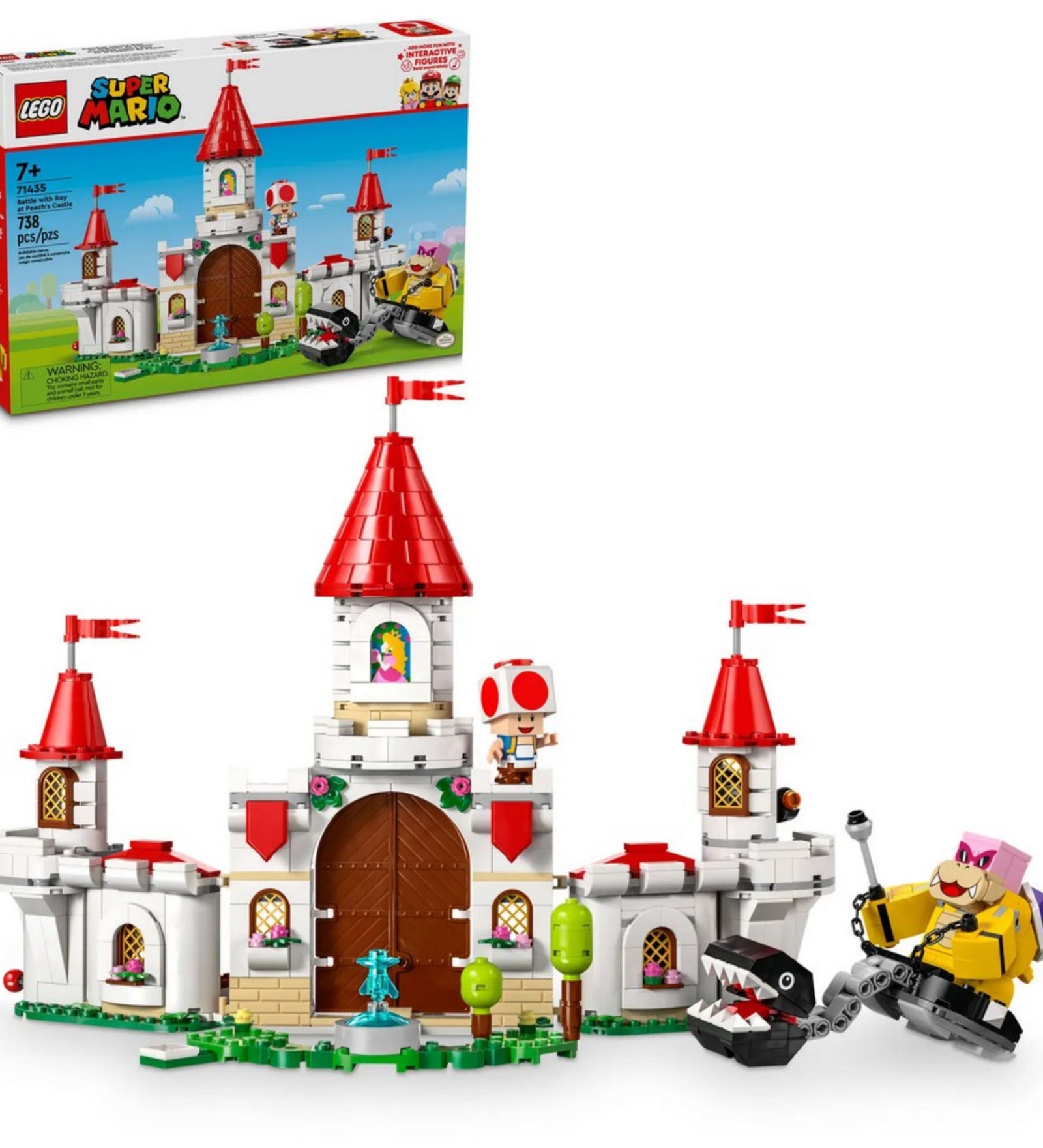 Doboz és készlet együtt: LEGO Super Mario 71435 doboz az elkészült kastéllyal és szereplőkkel, akcióra készen.