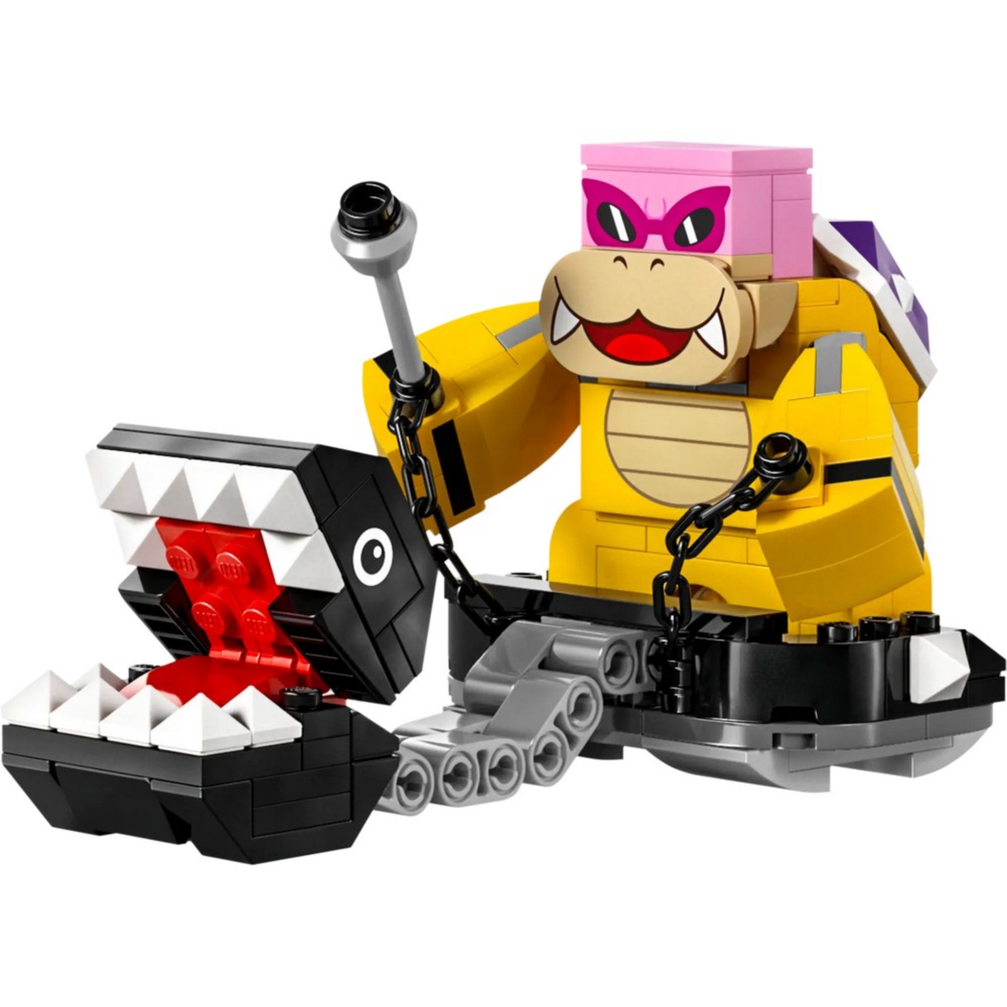 Roy figura közelről: LEGO Roy figura láncon tartott harcos társával, részletes arckifejezéssel és dárdával.