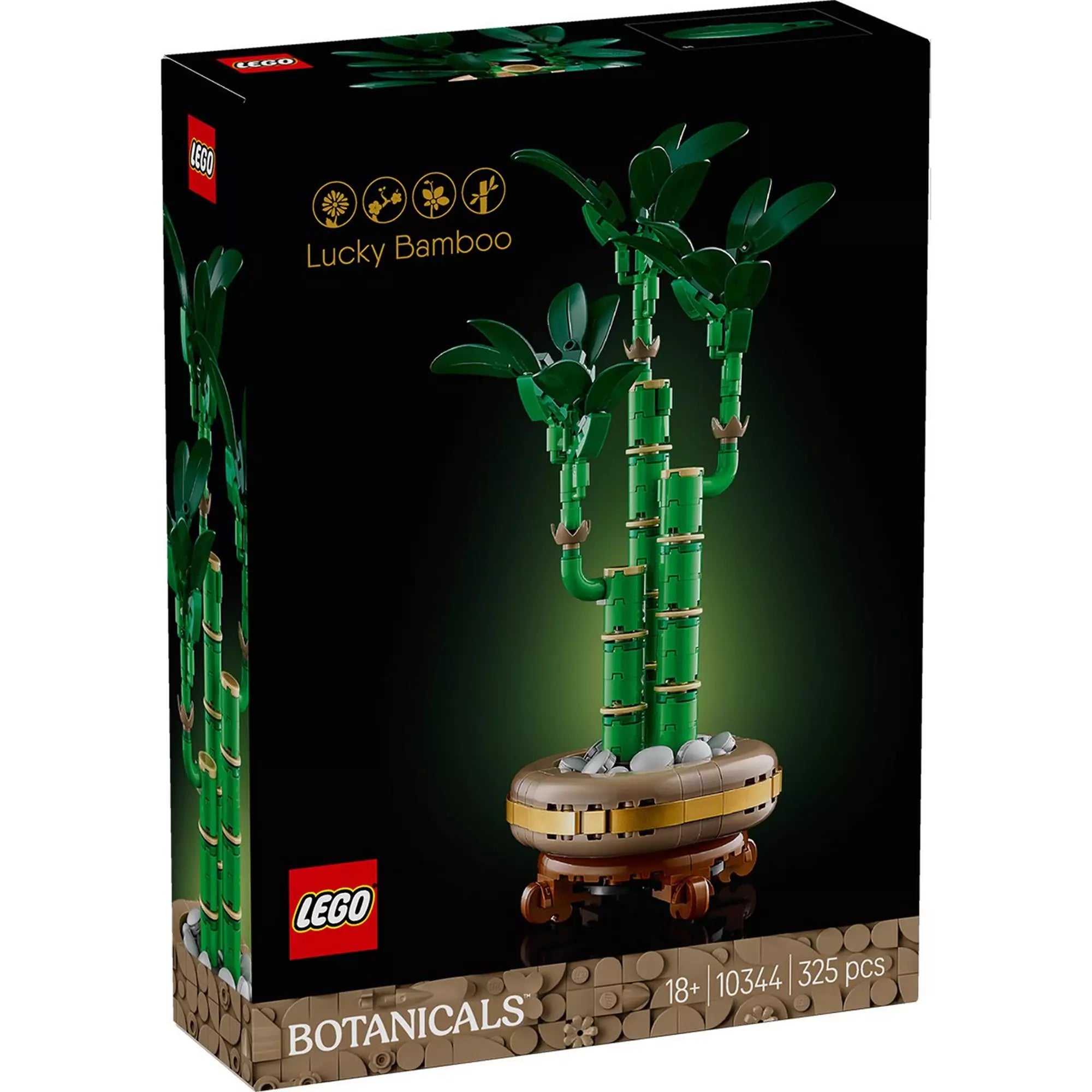 A LEGO Szerencsebambusz (10344) készlet doboza, amely 325 darabból áll, és egy elegáns, részletesen kidolgozott bambuszmodell építését teszi lehetővé