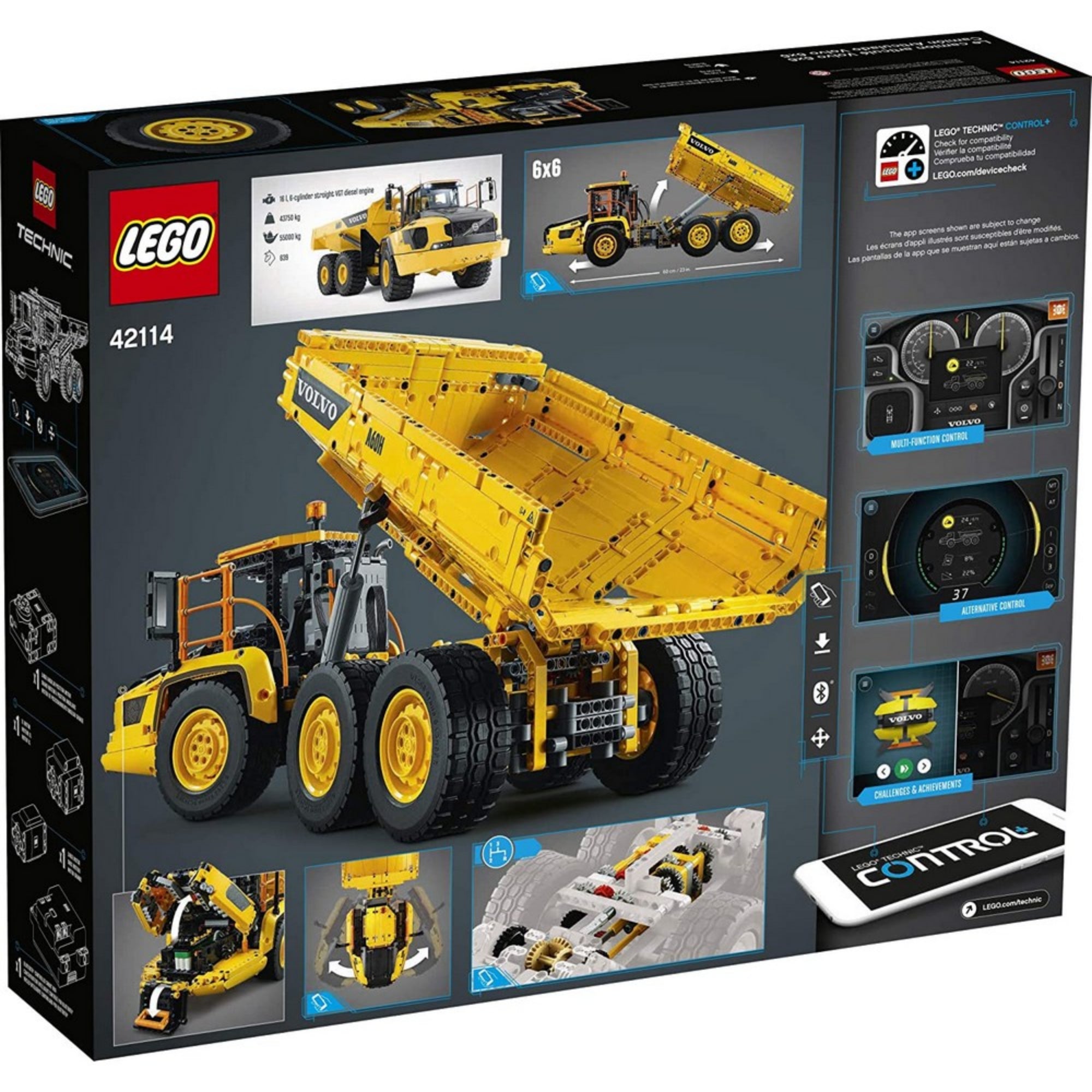 LEGO Technic 6x6-os Volvo csuklós szállítójármű 42114 doboz hátoldala – A készlet funkcióit bemutató dobozhátlap, középpontban a Volvo A60H modell sárga billenőplatós teherautóval, nyitott platóval és vezérlőalkalmazás grafikáival.