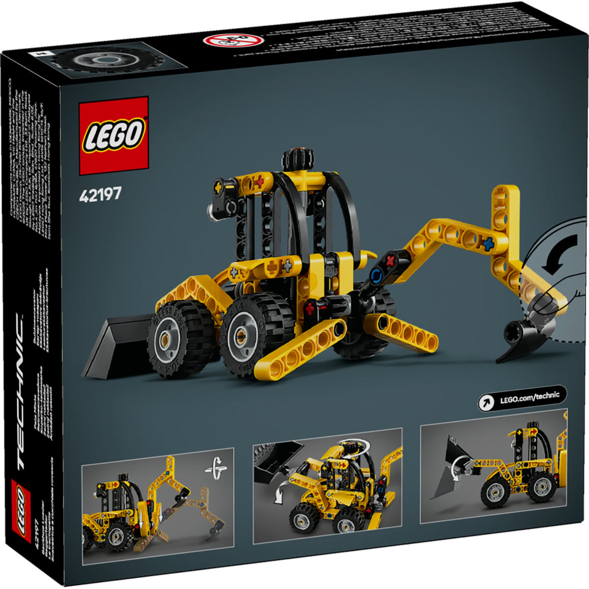 A LEGO Technic Árokásó rakodó 42197 doboza sötét háttérrel. A doboz négy oldalnézeti képet mutat a rakodóról, bemutatva annak funkcióit és mozgatható részeit.
