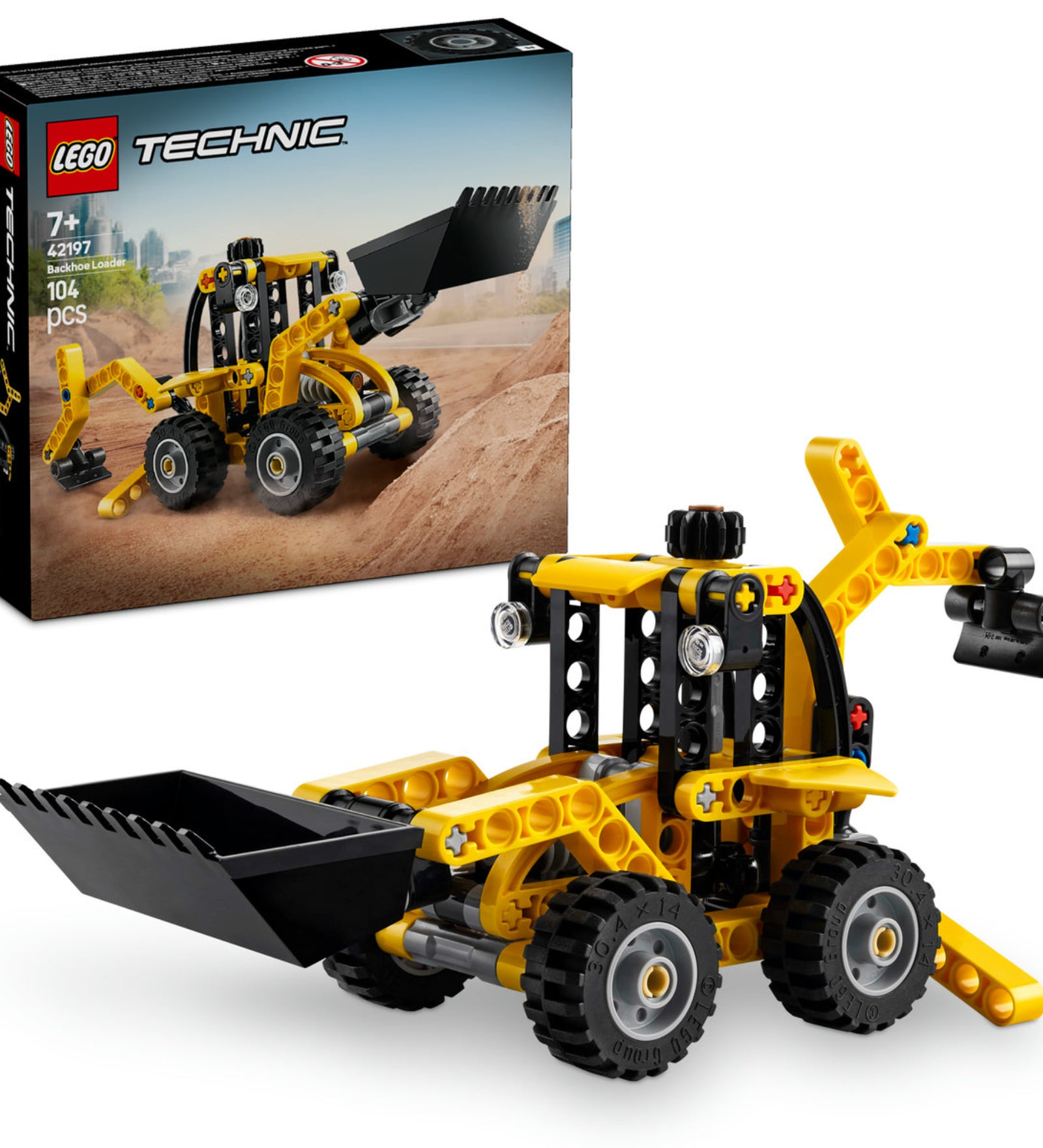 A LEGO Technic Árokásó rakodó 42197 készlet doboza és az összeszerelt modell látható. A doboz háttere homokos terepet ábrázol, ahol a sárga színű, mozgatható árokásó rakodó működés közben látható, az emelt lapát és a rugalmas alvázzal, amely alkalmazkodik a terepviszonyokhoz.