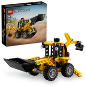 A LEGO Technic Árokásó rakodó 42197 készlet doboza és az összeszerelt modell látható. A doboz háttere homokos terepet ábrázol, ahol a sárga színű, mozgatható árokásó rakodó működés közben látható, az emelt lapát és a rugalmas alvázzal, amely alkalmazkodik a terepviszonyokhoz.