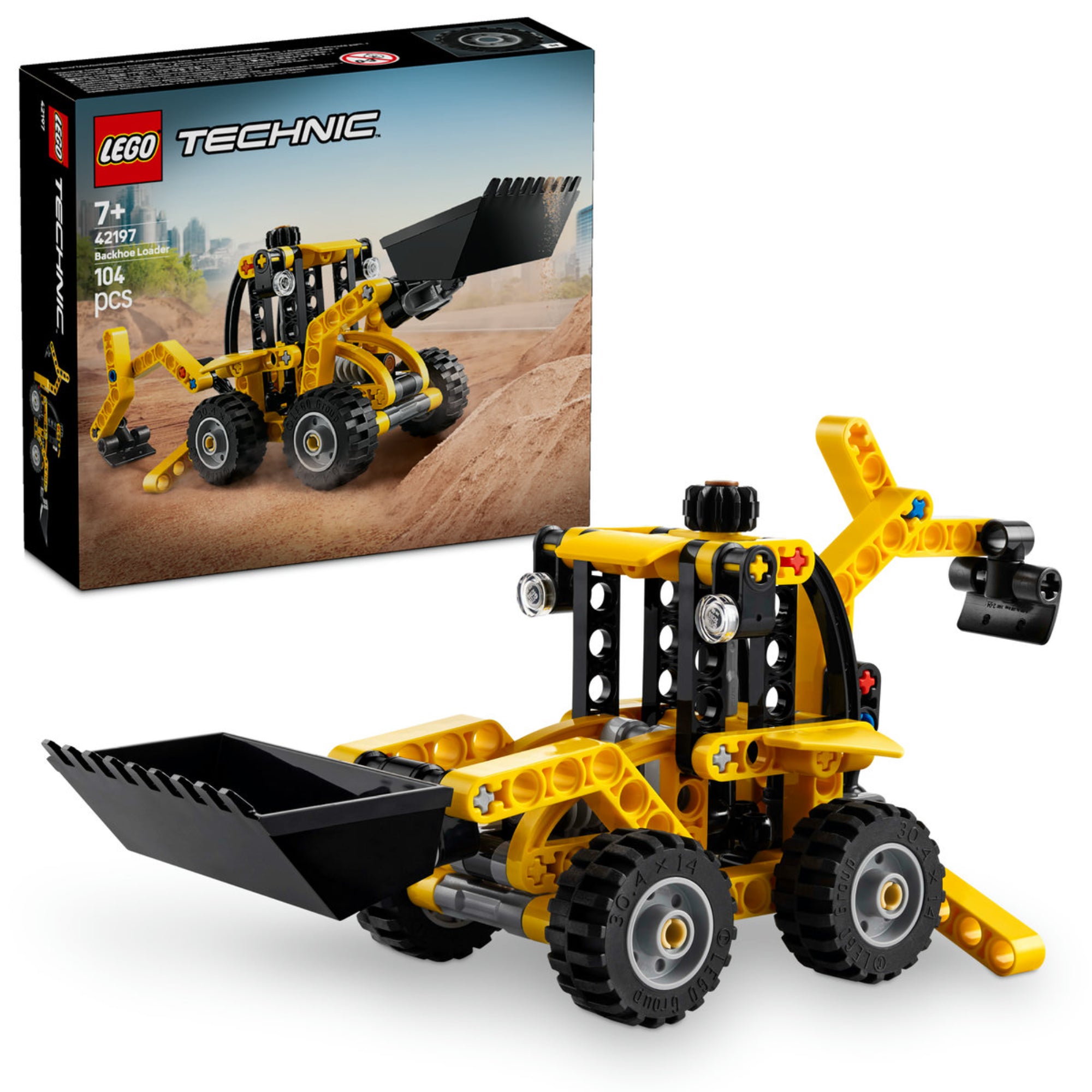 A LEGO Technic Árokásó rakodó 42197 készlet doboza és az összeszerelt modell látható. A doboz háttere homokos terepet ábrázol, ahol a sárga színű, mozgatható árokásó rakodó működés közben látható, az emelt lapát és a rugalmas alvázzal, amely alkalmazkodik a terepviszonyokhoz.