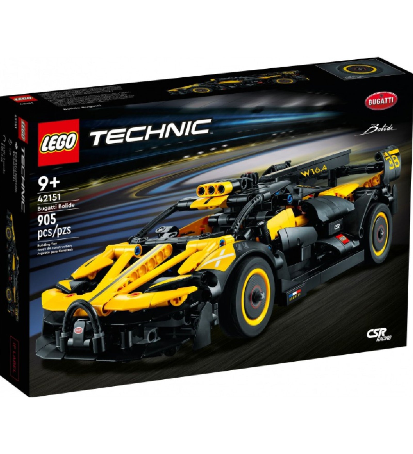 A LEGO Technic Bugatti Bolide 42151 készlet doboza, amely 905 darabot tartalmaz, 9+ korosztálynak ajánlott, és látványos grafikán mutatja be a sportautó modelljét.