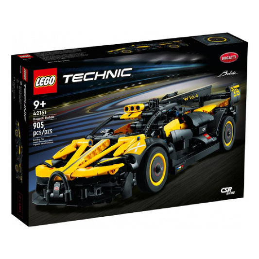 A LEGO Technic Bugatti Bolide 42151 készlet doboza, amely 905 darabot tartalmaz, 9+ korosztálynak ajánlott, és látványos grafikán mutatja be a sportautó modelljét.