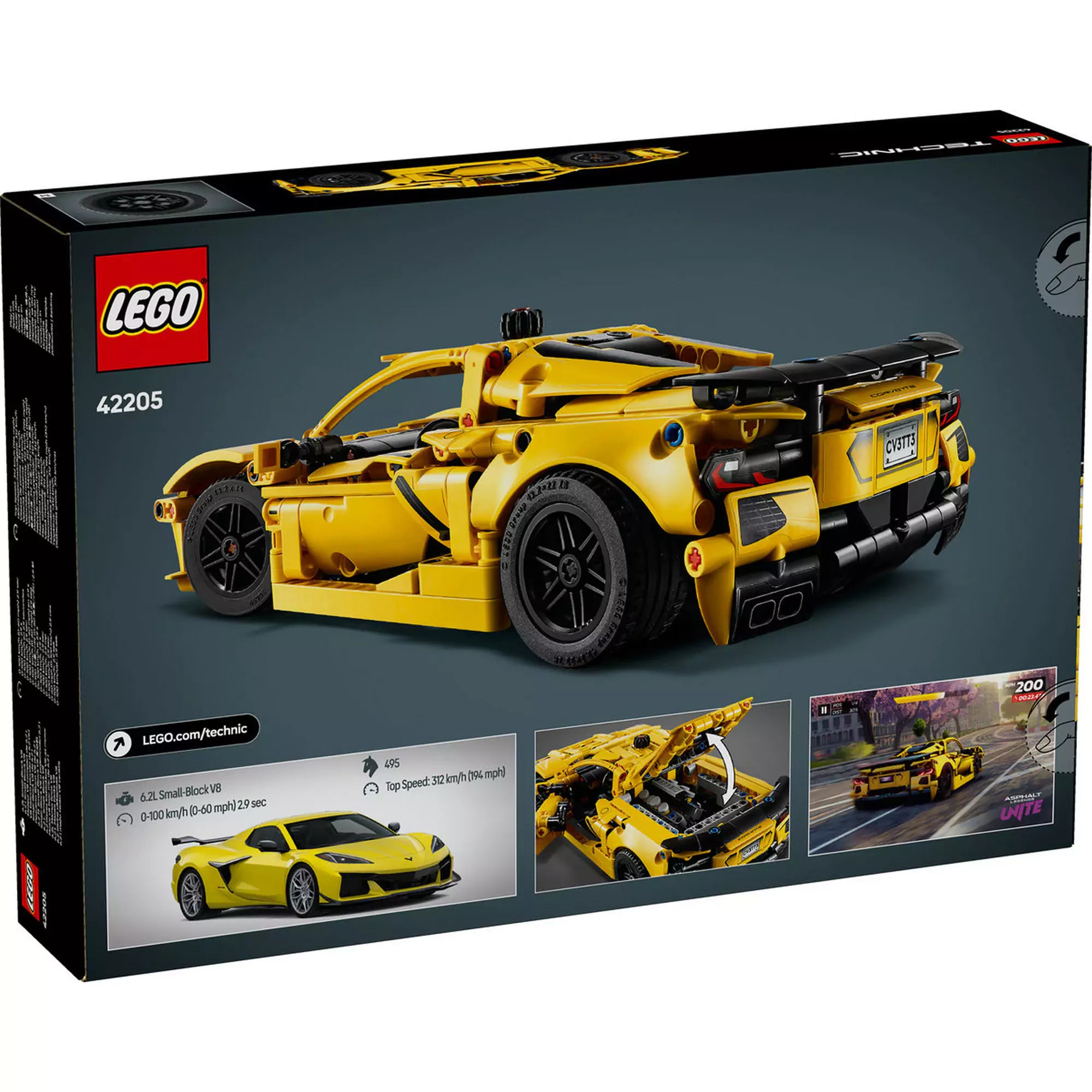  LEGO Technic Chevrolet Corvette Stingray (42205) hátulnézetből, kiemelve a részleteket és mozgó alkatrészeket.