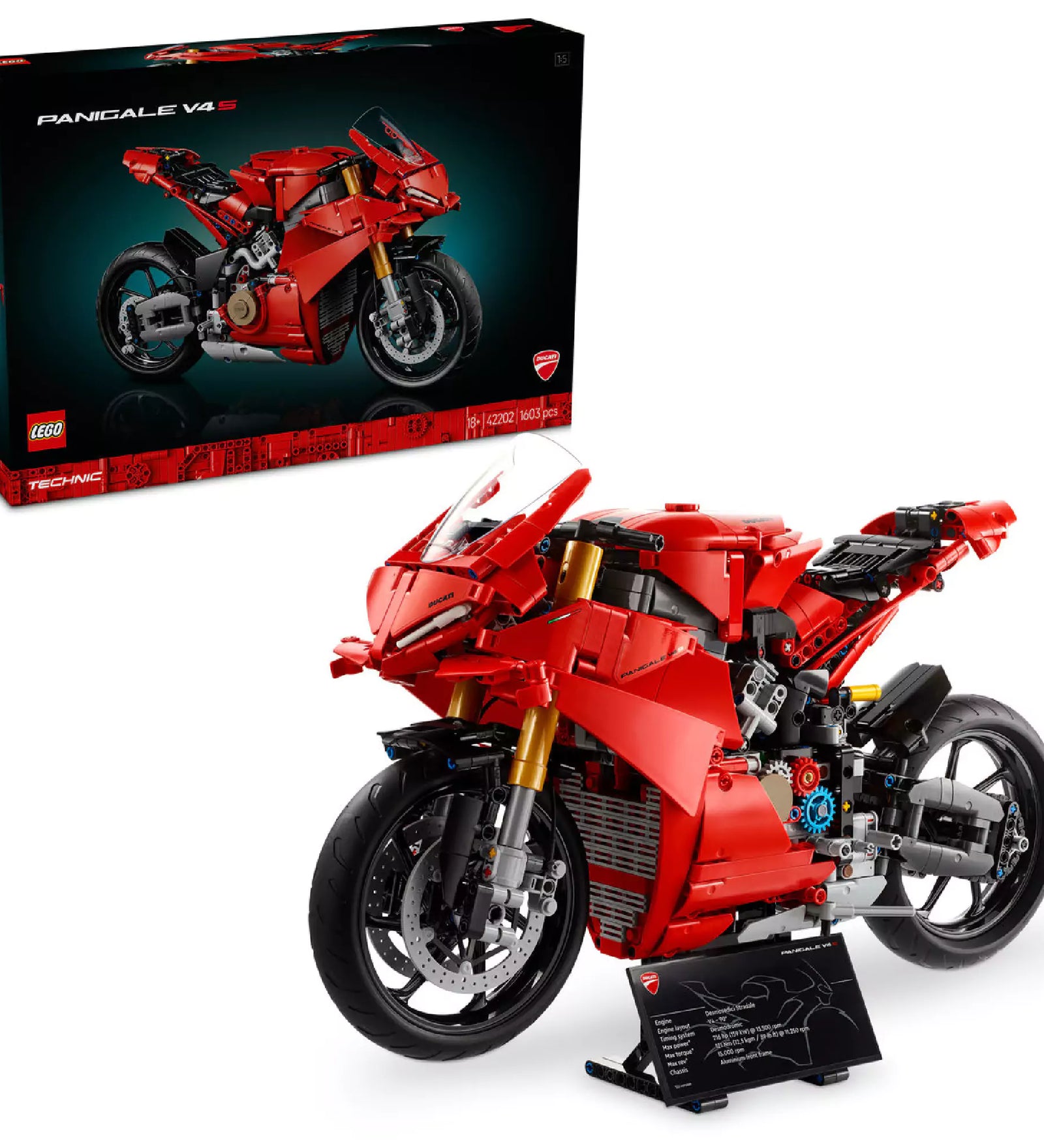  LEGO Technic Ducati Panigale V4 R motor szett, 1603 darabból álló piros sportmotor modell, dobozzal együtt bemutatva.