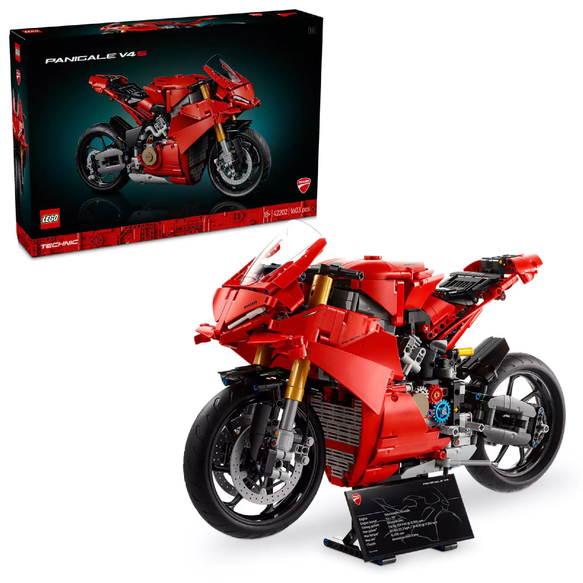  LEGO Technic Ducati Panigale V4 R motor szett, 1603 darabból álló piros sportmotor modell, dobozzal együtt bemutatva.