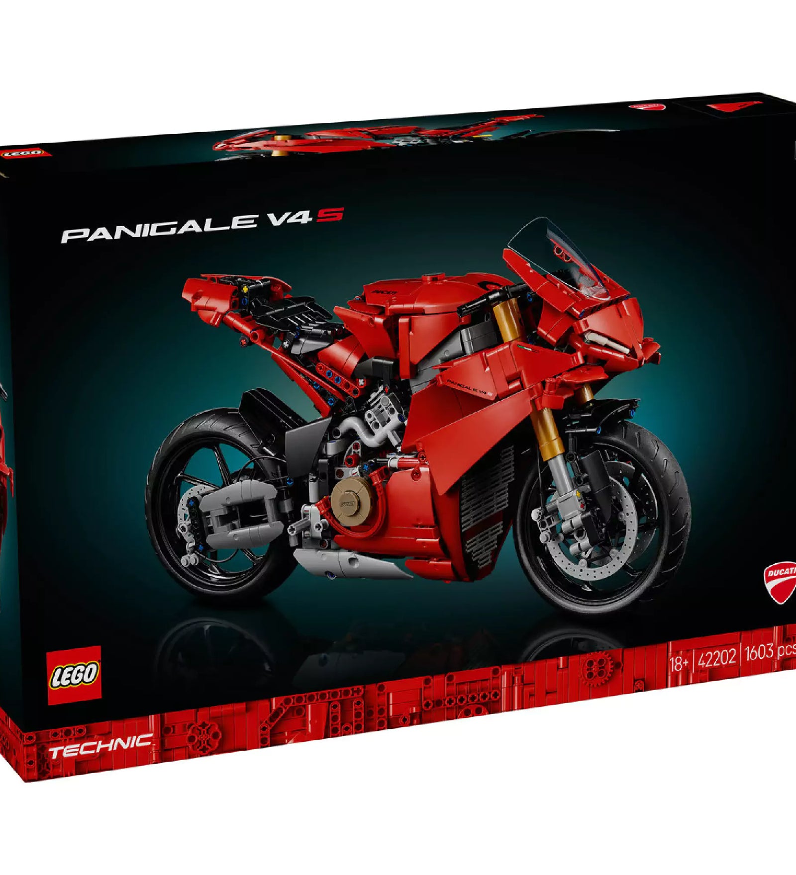 A LEGO Technic Ducati Panigale V4 R szett doboza, rajta a részletesen megépített vörös versenymotor képe.