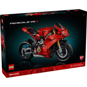 A LEGO Technic Ducati Panigale V4 R szett doboza, rajta a részletesen megépített vörös versenymotor képe.