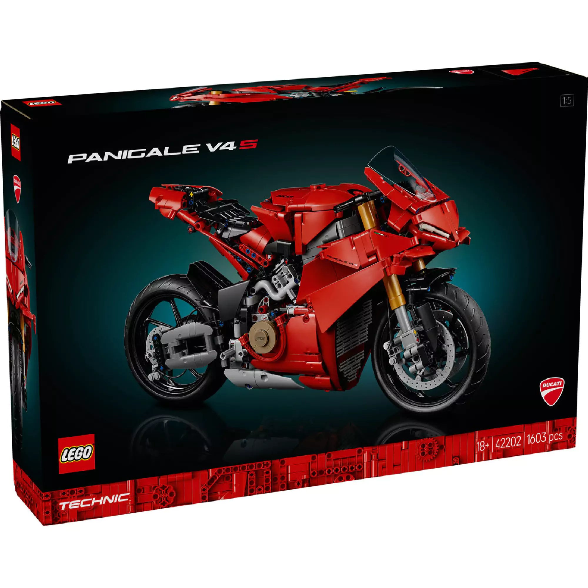A LEGO Technic Ducati Panigale V4 R szett doboza, rajta a részletesen megépített vörös versenymotor képe.
