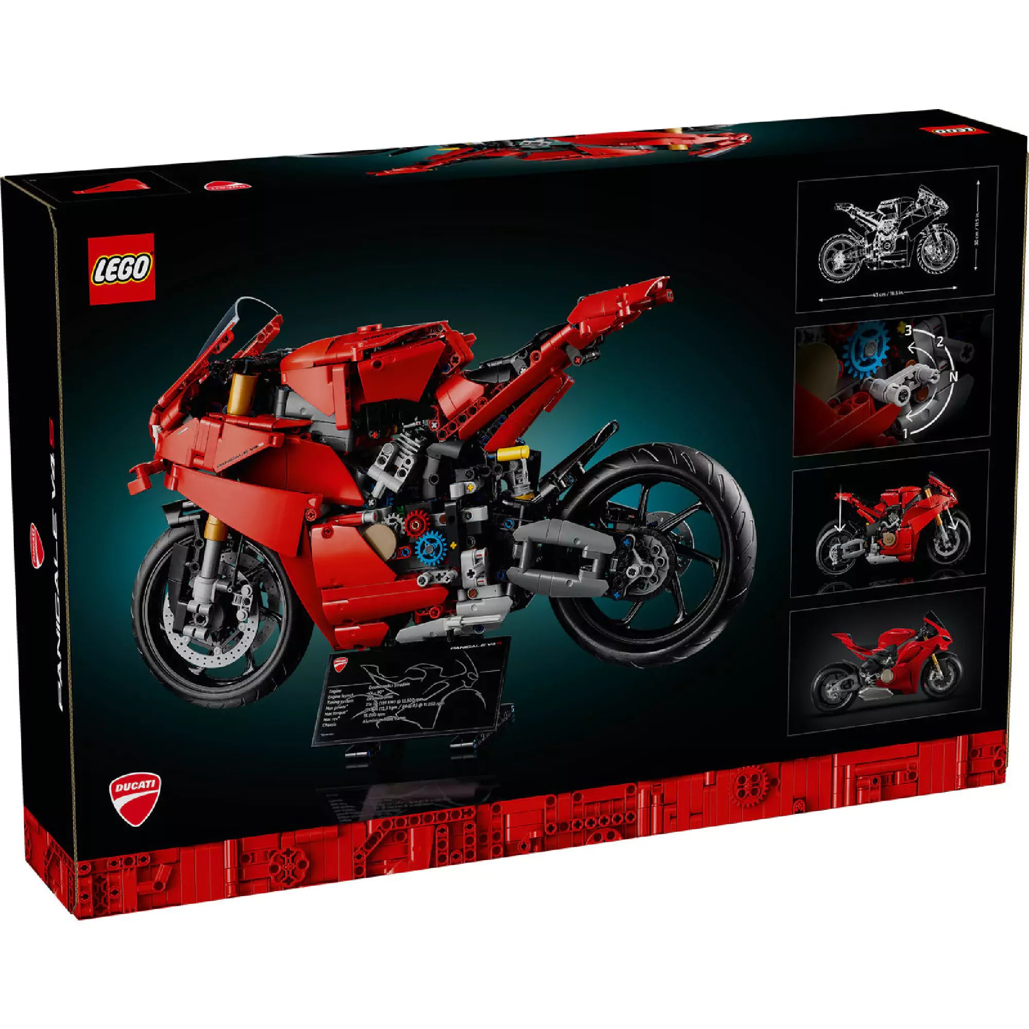 LEGO Technic Ducati Panigale V4 R modell hátulnézetből, kiemelve a motor technikai részleteit és mozgó alkatrészeit.