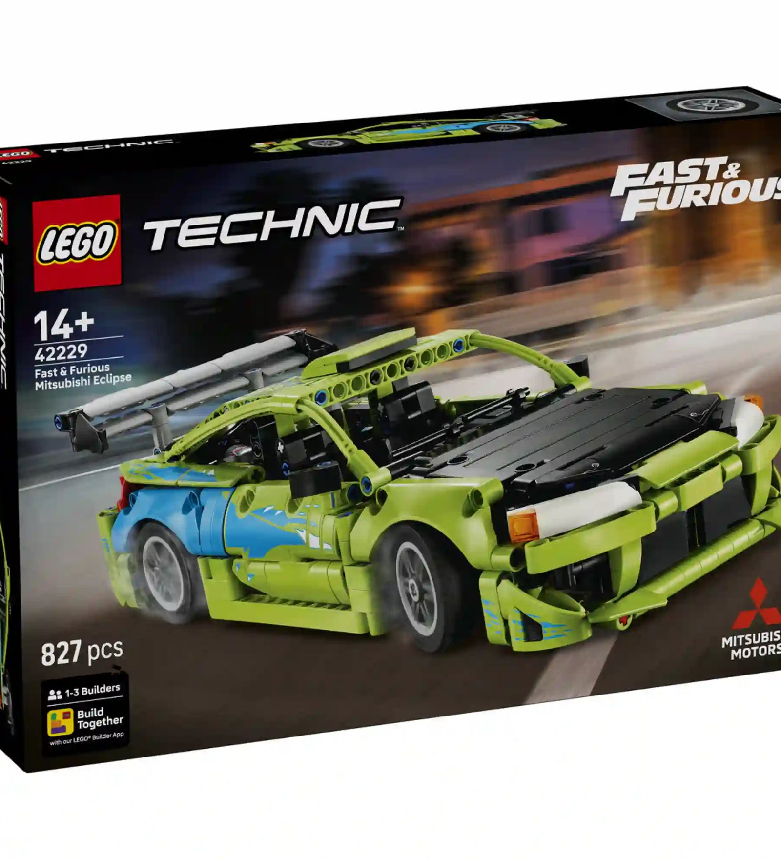 LEGO Technic Fast & Furious Mitsubishi Eclipse (42229) készlet elölnézeti dobozképe, amely a részletgazdag utcai versenyautót mutatja filmszerű háttérrel és autentikus dekorációval.
