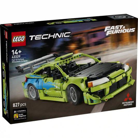 LEGO Technic Fast & Furious Mitsubishi Eclipse (42229) készlet elölnézeti dobozképe, amely a részletgazdag utcai versenyautót mutatja filmszerű háttérrel és autentikus dekorációval.