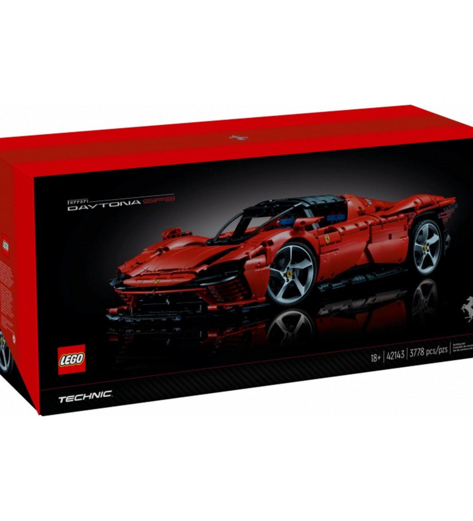 A LEGO Technic Ferrari Daytona SP3 42143 szett elegáns fekete-piros doboza, rajta a sportautó látványos képe és a darabszám (3778 db).