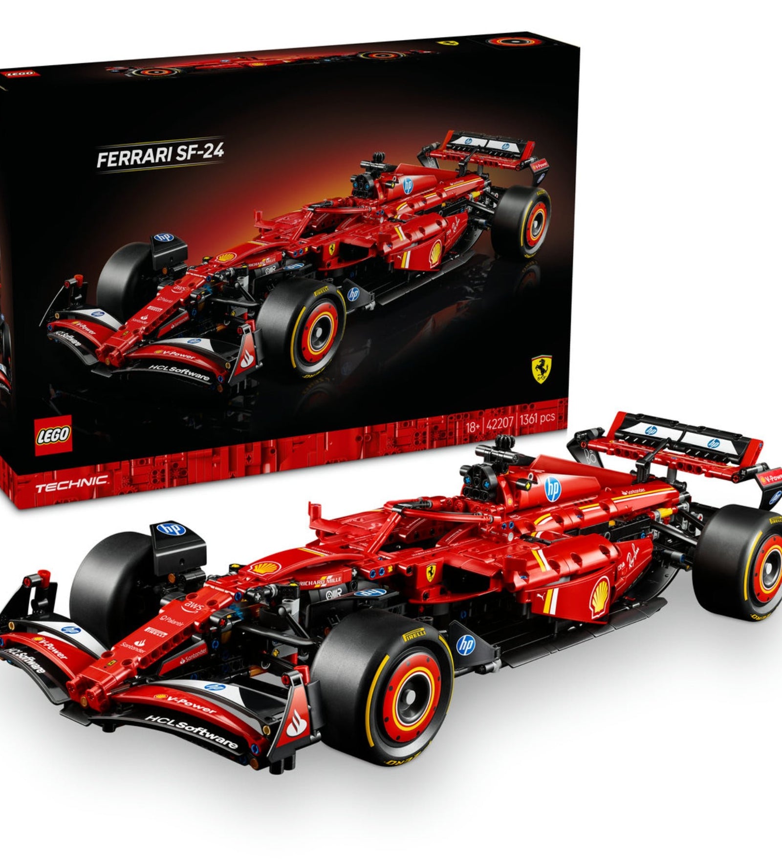 A LEGO Technic Ferrari SF-24 F1 (42207) építőszett és doboza, amely részletesen kidolgozott, 1:8 méretarányú modellként jeleníti meg a Ferrari 2024-es versenyautóját.