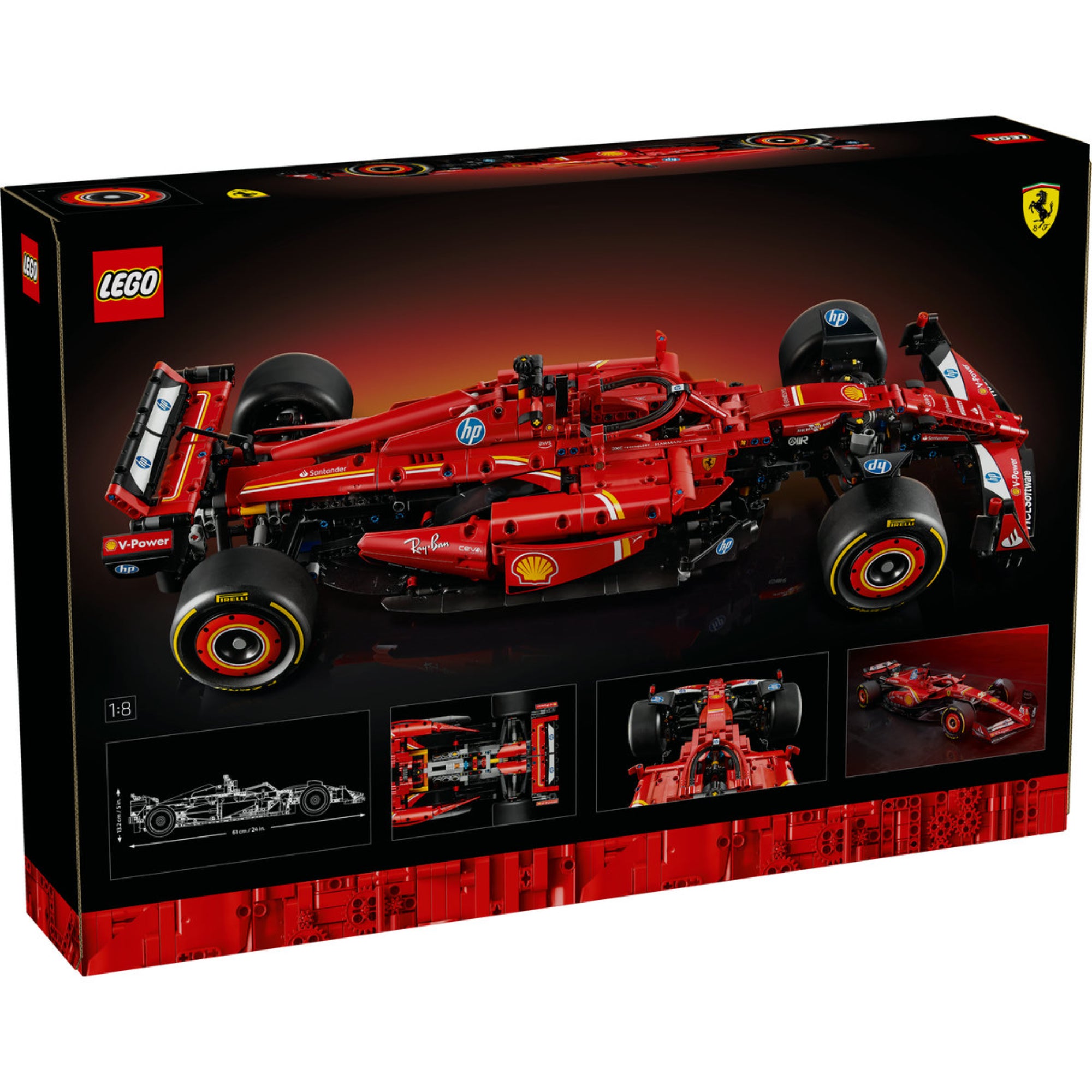 A LEGO Technic Ferrari SF-24 F1 (42207) építőkészlet dobozának hátoldala, amely bemutatja az 1:8 méretarányú modell részletes kidolgozását és funkcióit.