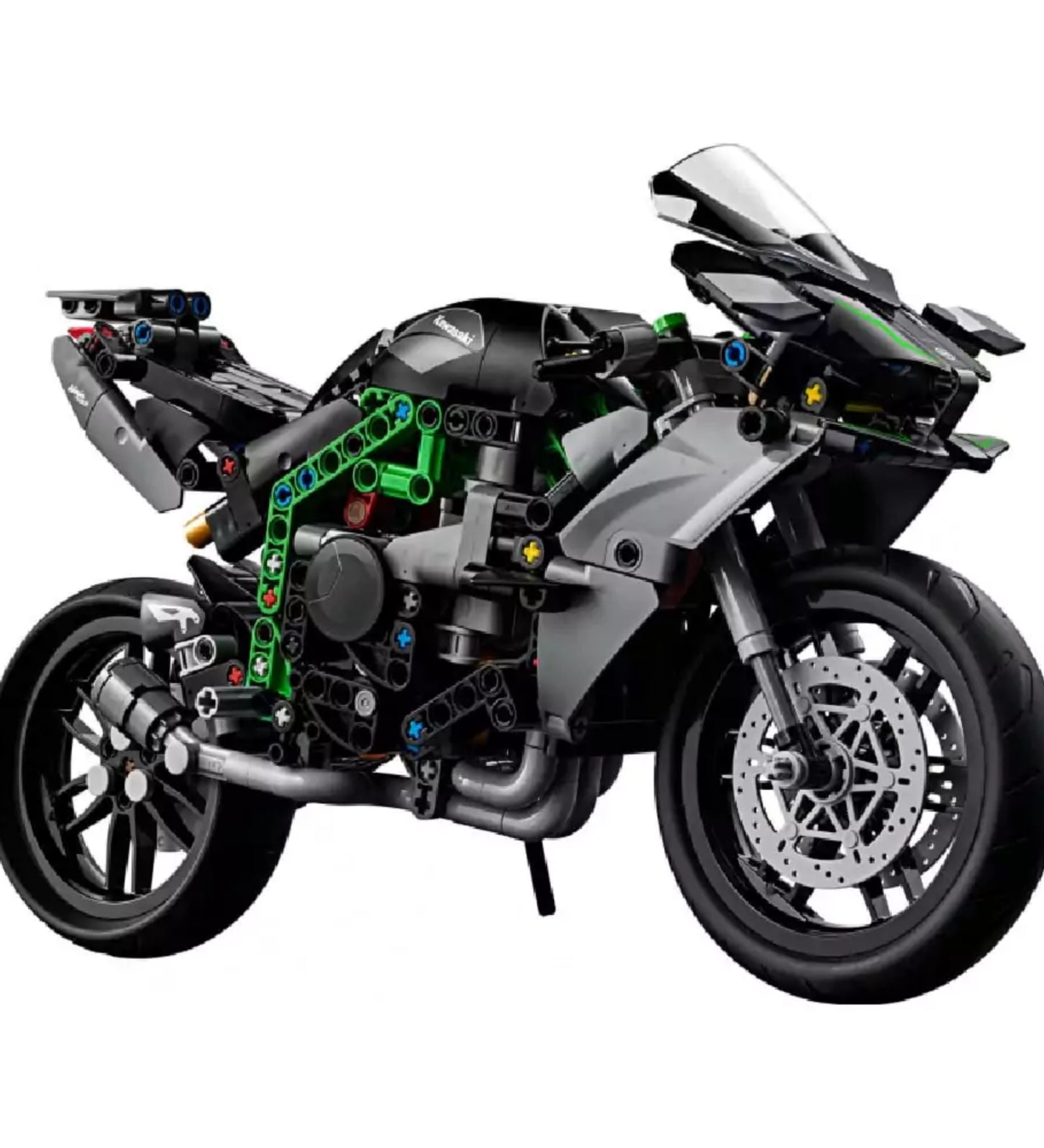 Részletesen megépített LEGO Technic Kawasaki Ninja H2R motorkerékpár modell elölről és oldalról, fekete és zöld színvilággal, valósághű elemekkel és sportos dizájnnal.