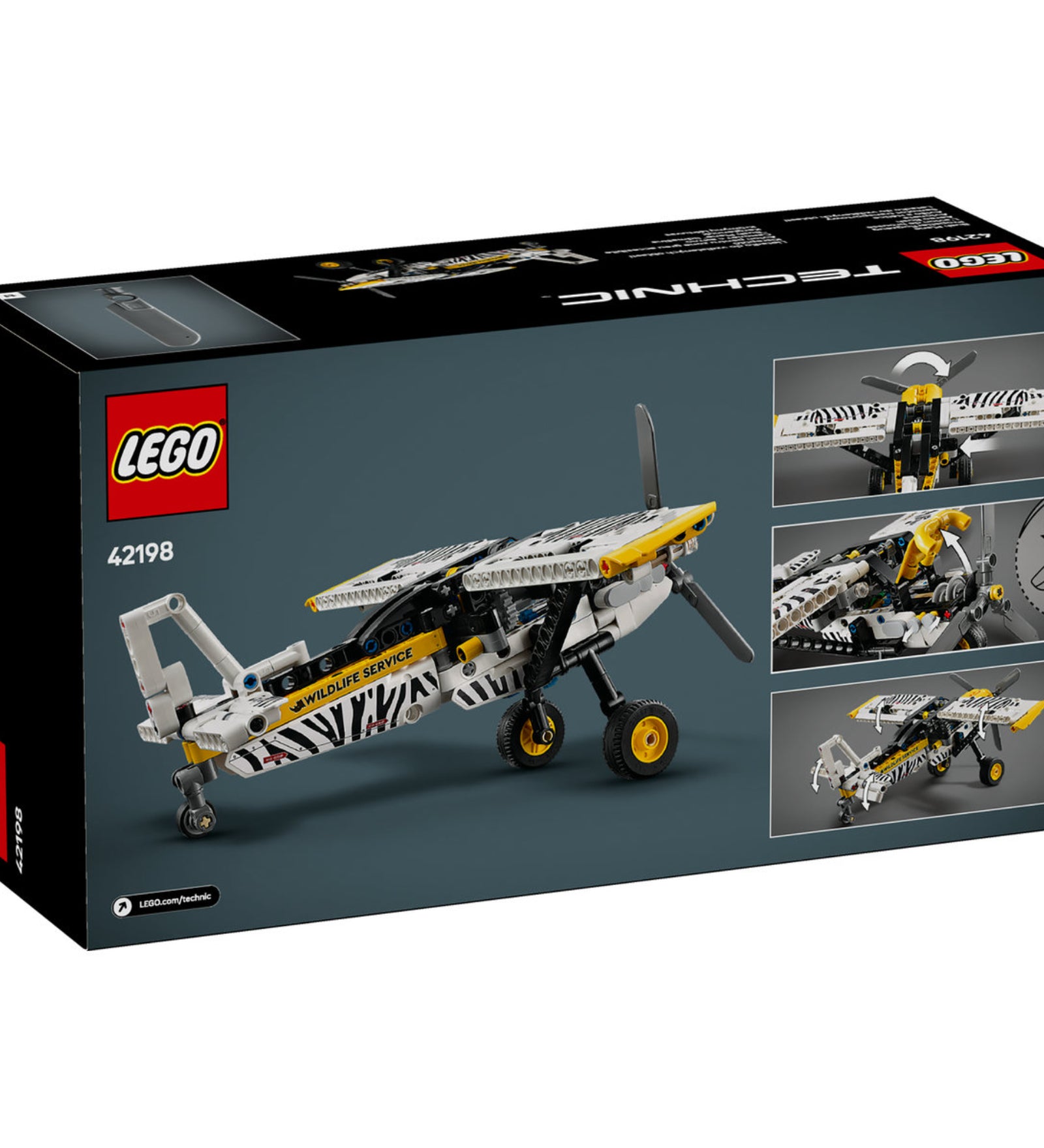LEGO Technic Kisrepülő 42198 doboza, amelyen a jármű három különböző beállításban látható, köztük repülés közben, és az álló helyzetek, amelyek bemutatják a modell műszaki jellemzőit és funkcióit.