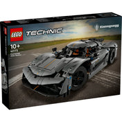 A LEGO Technic Koenigsegg Jesko Absolut doboza közelről, amelyen az autó az aszfaltos versenypályán látható, hangsúlyosan megjelenítve a Koenigsegg logót és a 10+ ajánlott korhatárt.