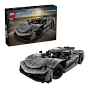 LEGO Technic Koenigsegg Jesko Absolut hiperautó a csomagolás előtt és mellett bemutatva; a doboz dinamikus háttérrel és az autóversenypálya motívumaival.
