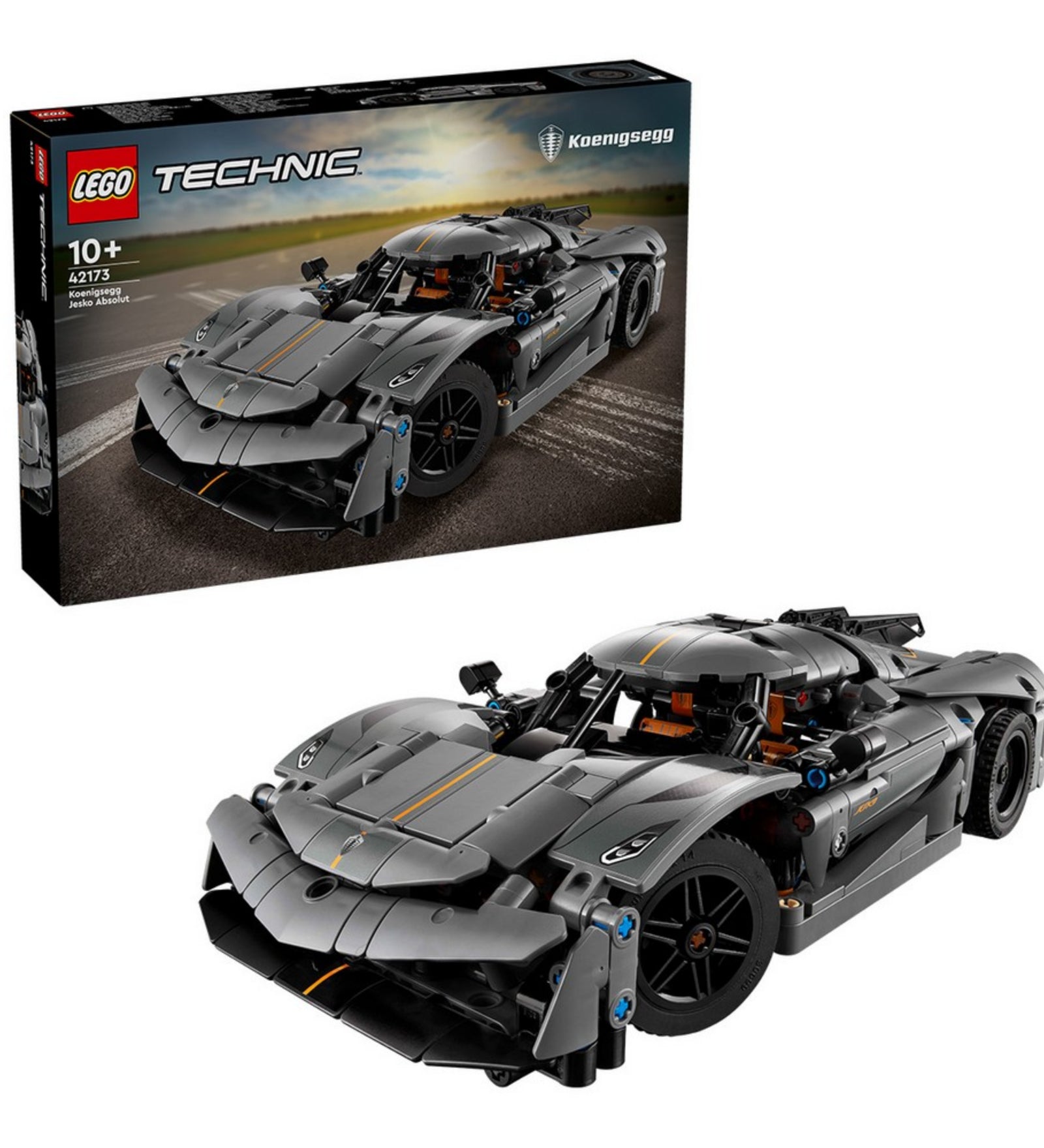 LEGO Technic Koenigsegg Jesko Absolut hiperautó a csomagolás előtt és mellett bemutatva; a doboz dinamikus háttérrel és az autóversenypálya motívumaival.