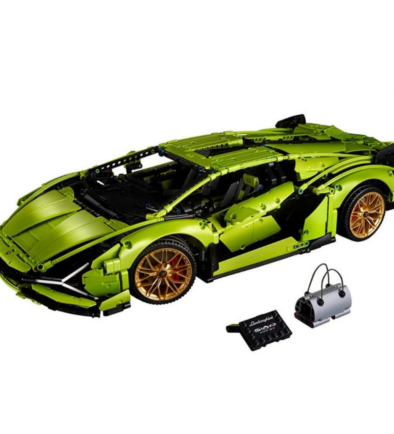 Az összerakott LEGO Technic Lamborghini Sian FKP 37 (42115) sportautó limezöld színben, arany kerekekkel, nyitható ajtókkal és bemutató kiegészítőkkel.