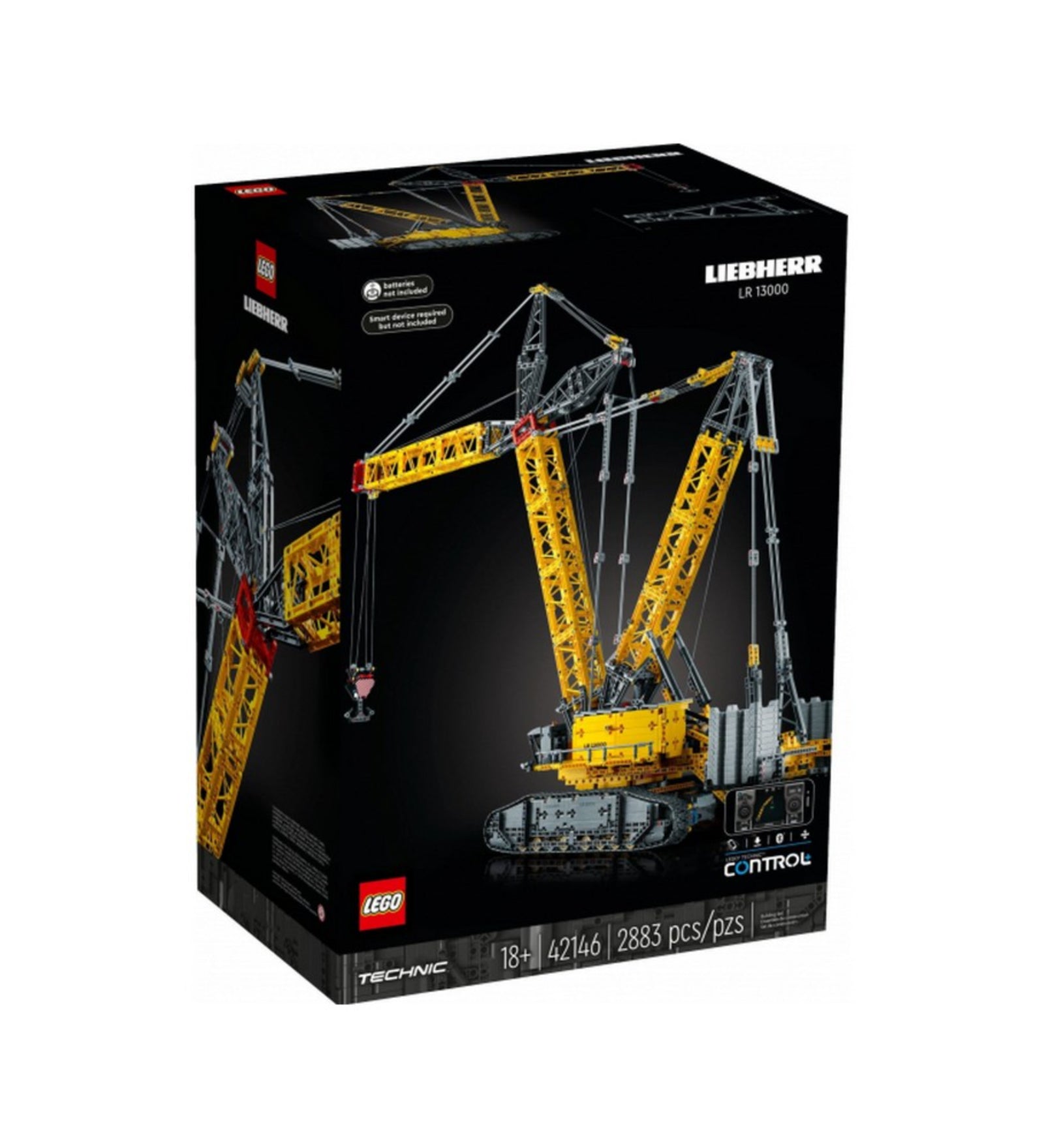 A LEGO Technic Liebherr LR 13000 daru (42146) doboza elölről fotózva, fekete háttérrel, látványos grafikai megjelenítéssel és az 1 méter magas daru képével.
