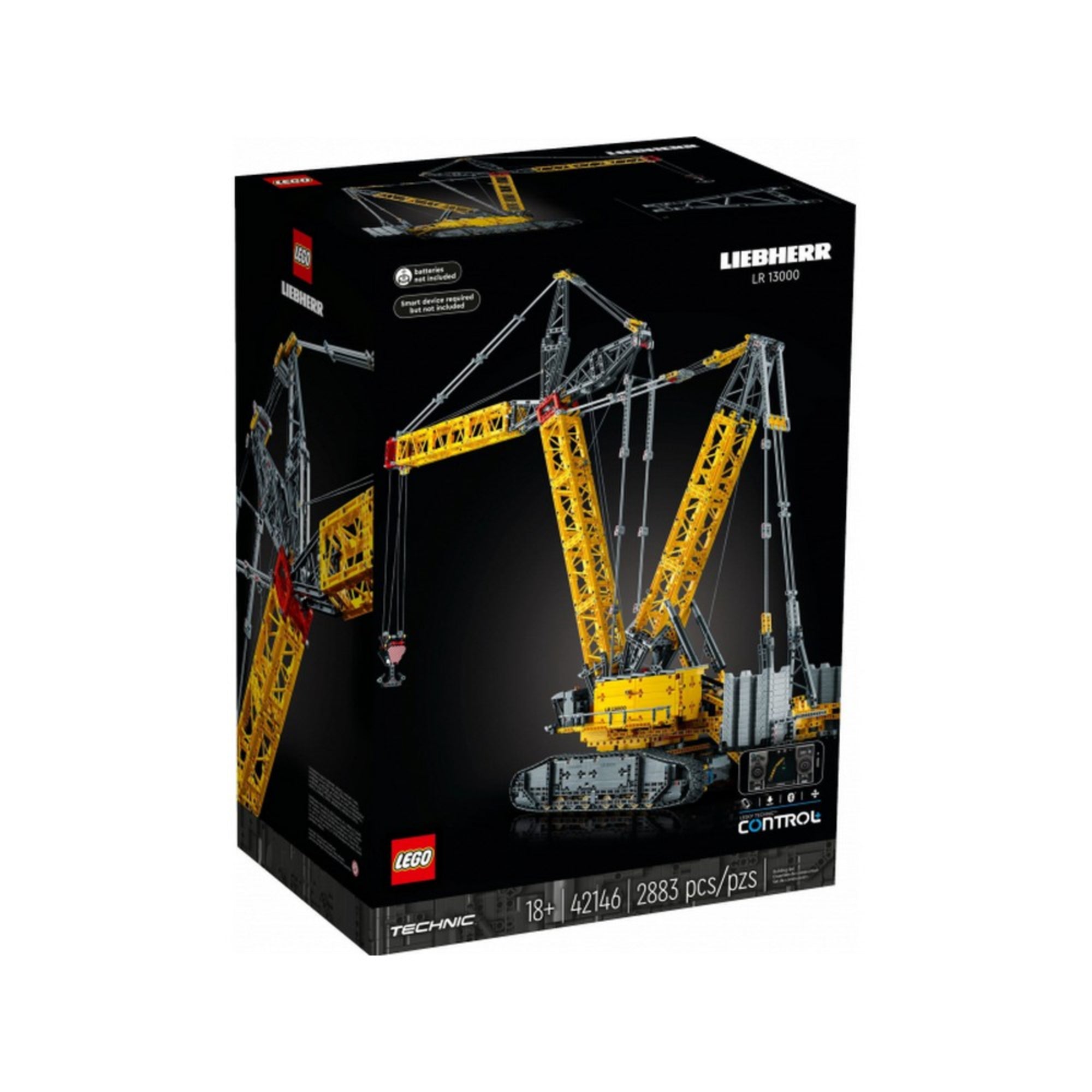 A LEGO Technic Liebherr LR 13000 daru (42146) doboza elölről fotózva, fekete háttérrel, látványos grafikai megjelenítéssel és az 1 méter magas daru képével.