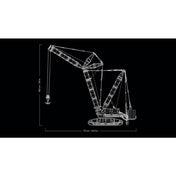 Fekete háttérre rajzolt fehér kontúros ábra a LEGO Technic Liebherr LR 13000 daruról (42146), méretekkel: 100 cm magas és 111 cm hosszú modell.
