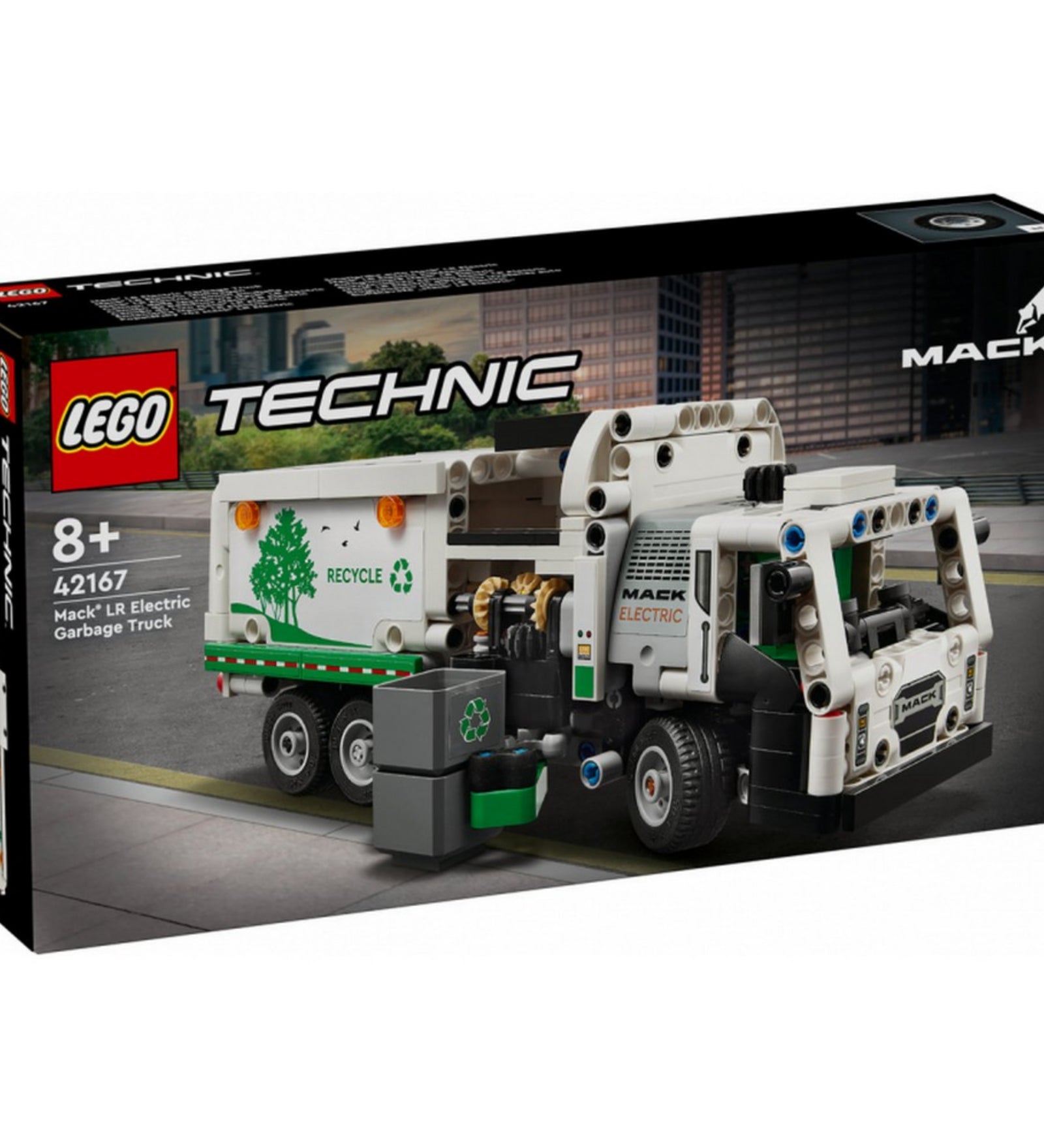 LEGO Technic Mack LR Electric kukásautó 42167 doboza, városi háttérrel, a jármű rakodási jelenetével, valamint a 8+ korosztály és 503 darabos készletjelzés kiemelve.