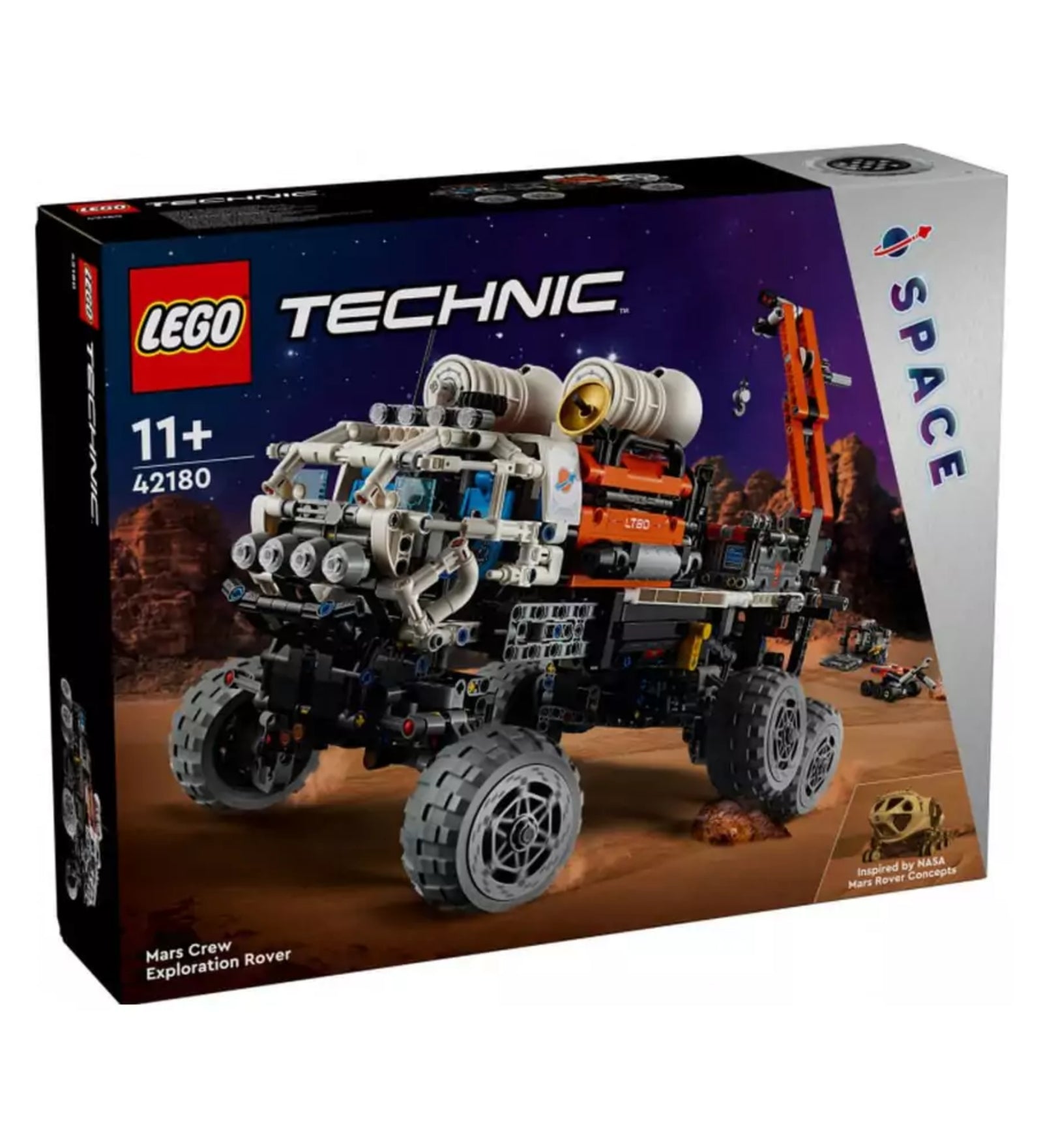 A LEGO Technic Marskutató űrjármű (42180) doboza, sötétlila űrháttérrel, 11+ korosztály megjelöléssel és az "Inspired by NASA" logóval.