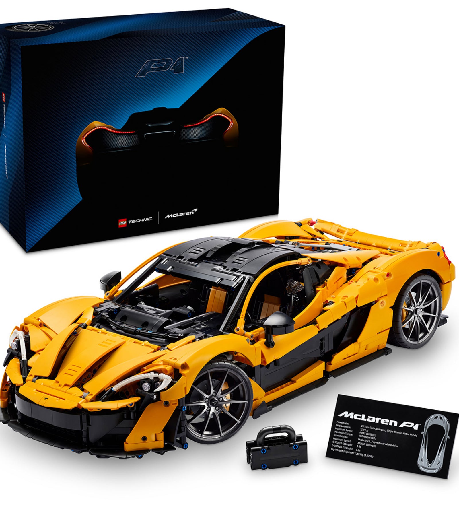 A LEGO Technic McLaren P1 (42172) készlet és doboza együtt – a sárga szupersportautó modell fekete alapon, mellette információs tábla és kis kiegészítők.