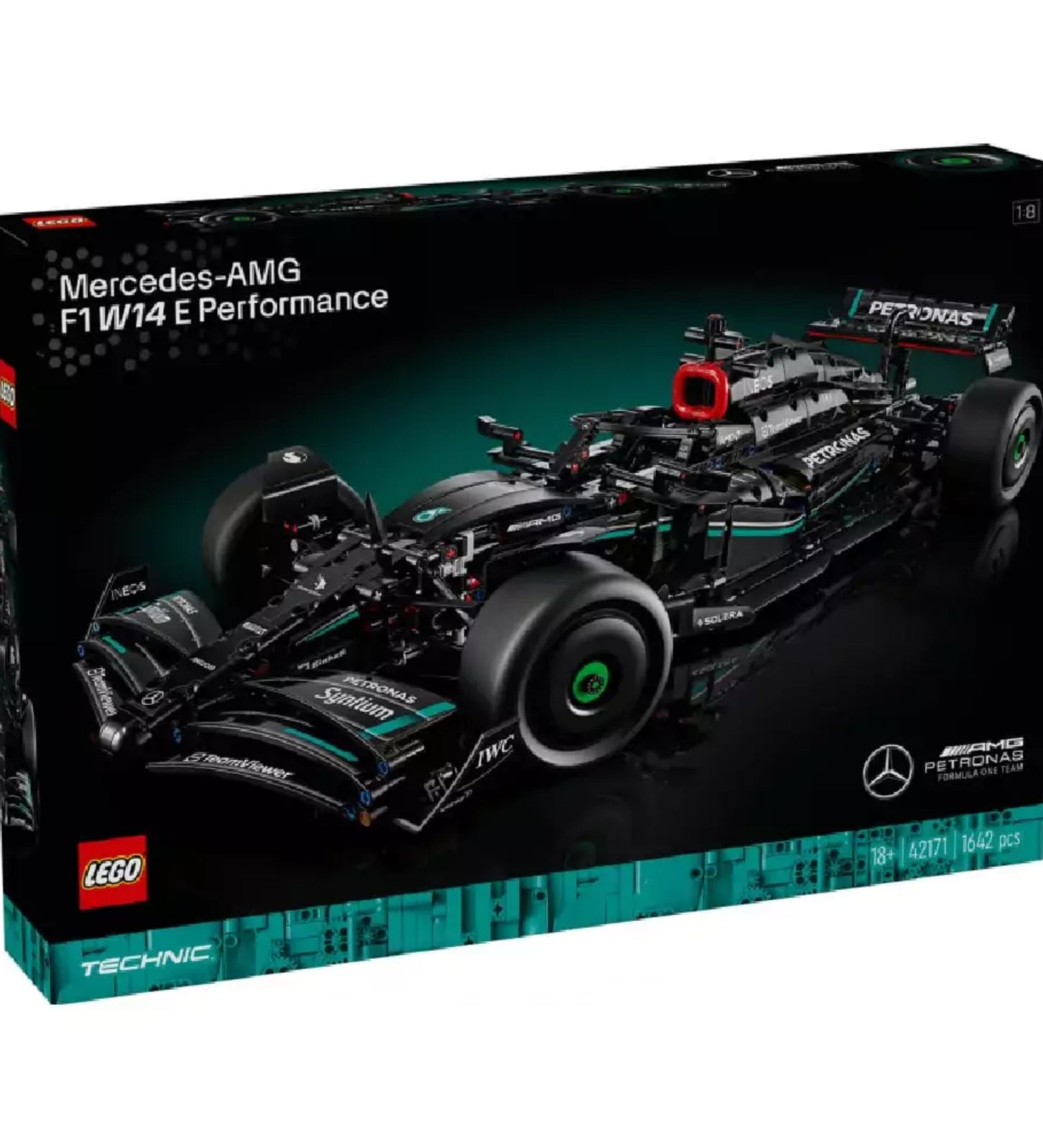 A LEGO Technic 42171 Mercedes-AMG F1 W14 E Performance készlet doboza, amely a kész modellt dinamikus versenypályás háttérrel mutatja be, a dobozon jól látható a 18+ korosztály megjelölés és a darabszám (1643).