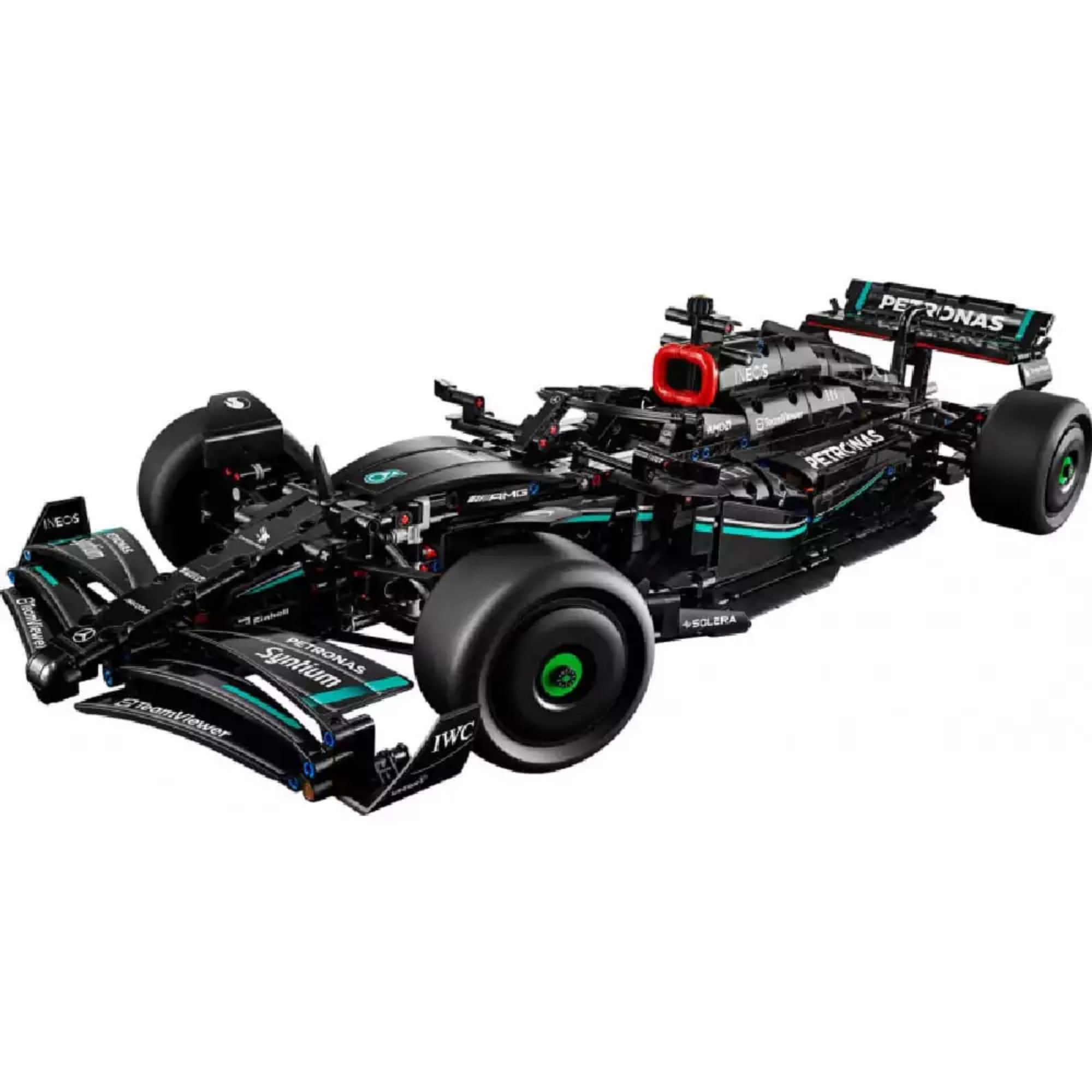 Részletesen megépített LEGO Technic Mercedes-AMG F1 W14 E Performance versenyautó fekete, zöld és piros részletekkel, aerodinamikus formákkal, és látványos első és hátsó szárnyakkal.