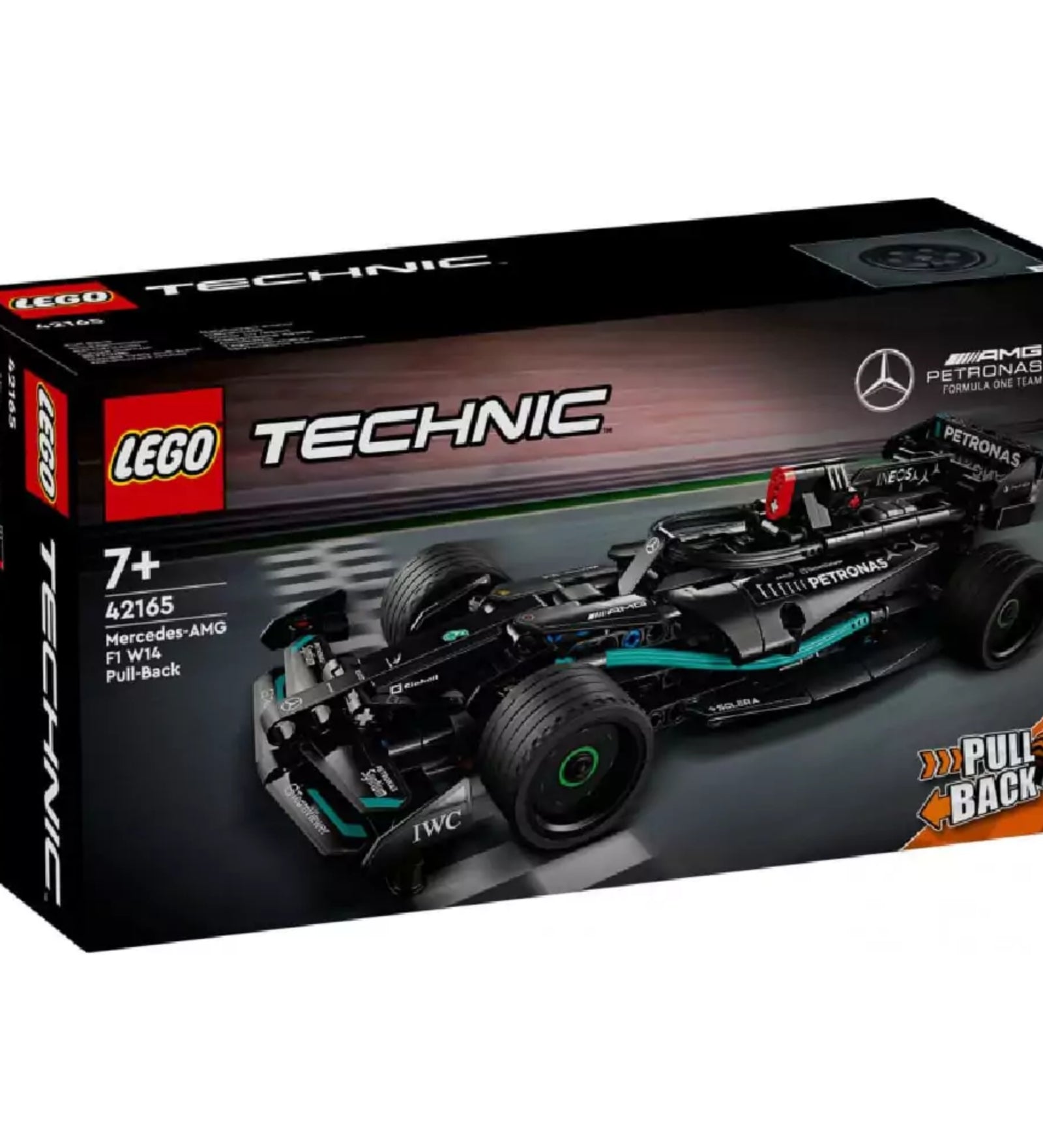 LEGO Technic Mercedes-AMG F1 W14 Pull-Back (42165) készlet doboza, versenypályás háttérrel, a modell képével és Pull-Back funkcióval.