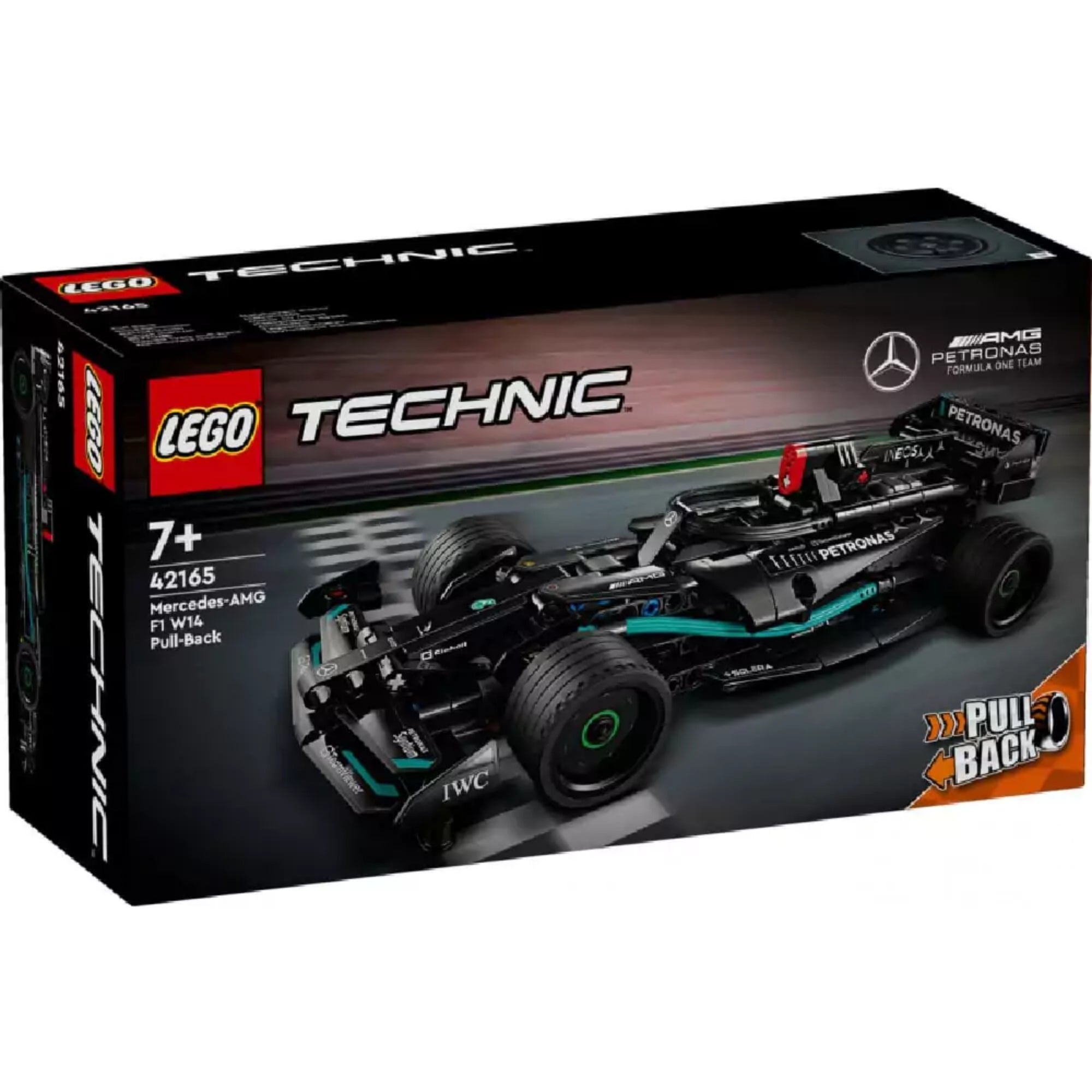 LEGO Technic Mercedes-AMG F1 W14 Pull-Back (42165) készlet doboza, versenypályás háttérrel, a modell képével és Pull-Back funkcióval.