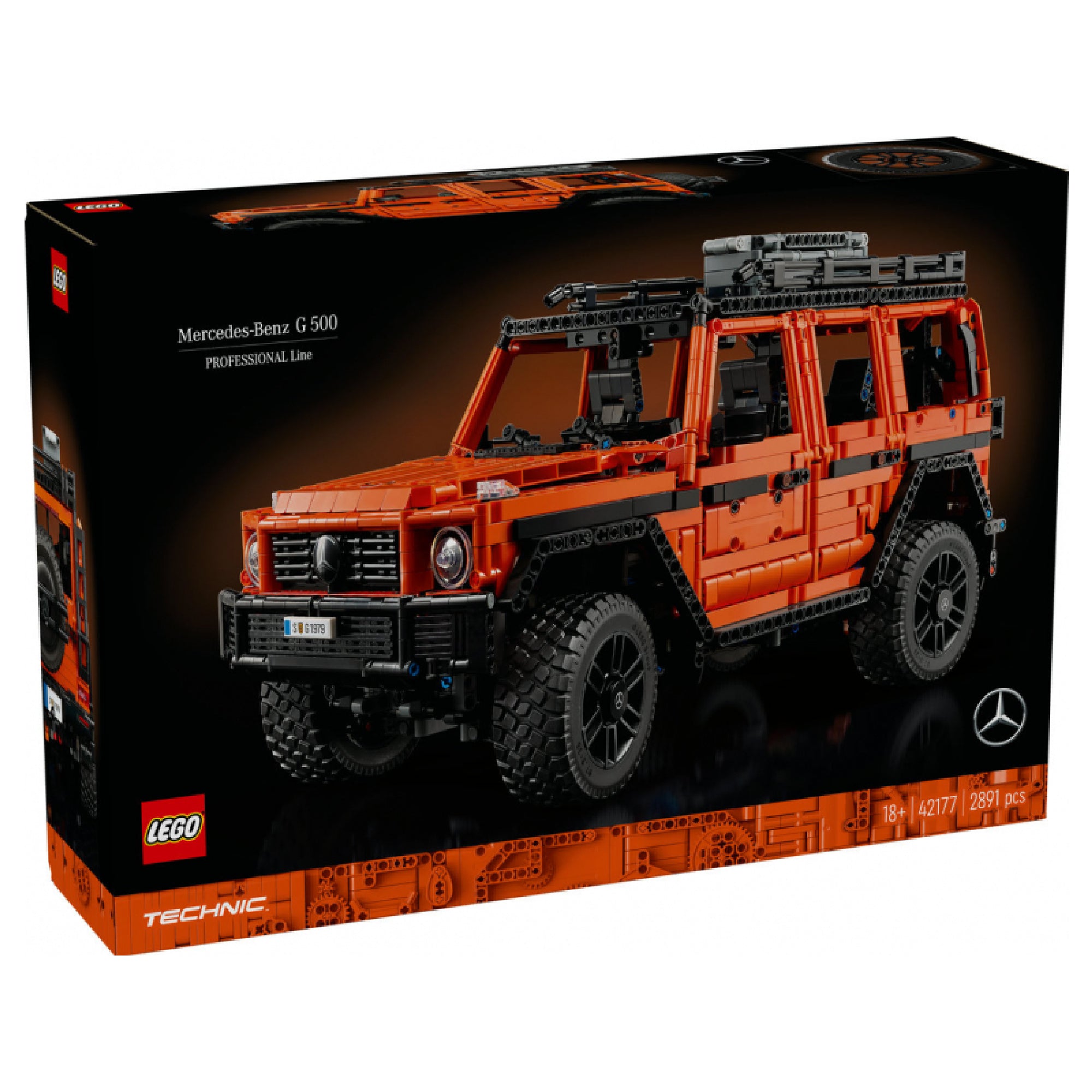  LEGO Technic Mercedes-Benz G 500 PROFESSIONAL Line (42177) doboza, amelyen a részletesen kidolgozott narancssárga terepjáró látható fekete háttérrel és a Mercedes-logóval.