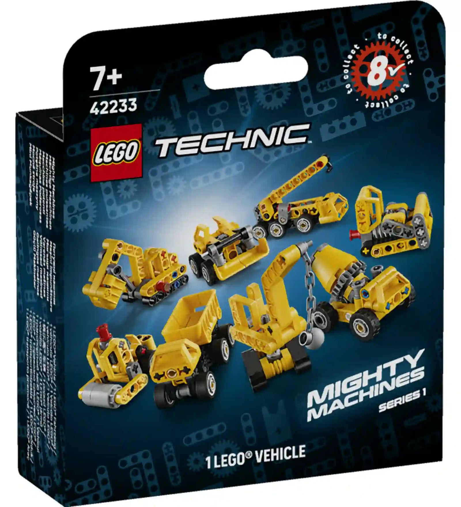 LEGO Technic: Mini Munkagépek 42233, 44 darabos készlet csomagolása a különböző megépíthető munkagépekkel.