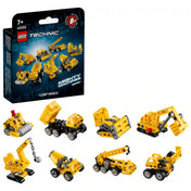 LEGO Technic: Mini Munkagépek 42233, 44 darabos készlet csomagolása és a nyolcféle gyűjthető sárga munkagép.
