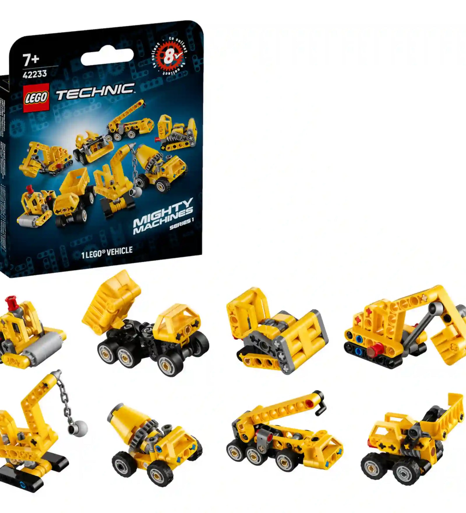 LEGO Technic: Mini Munkagépek 42233, 44 darabos készlet csomagolása és a nyolcféle gyűjthető sárga munkagép.