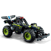A LEGO Technic Monster Jam Grave Digger 42118 egyik átalakítható változata, zöld-fekete színű négykerekű buggy stílusban, széles hátsó spoilerekkel.