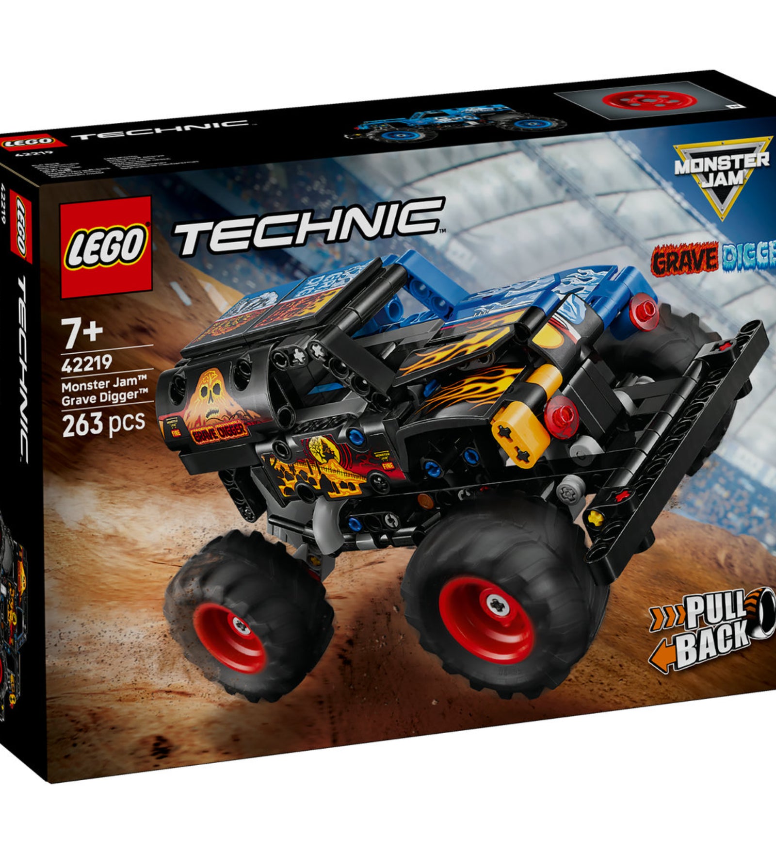 LEGO Technic Monster Jam Grave Digger (42219) – a készlet dobozának elölnézete, lendkerekes monster truck modell.