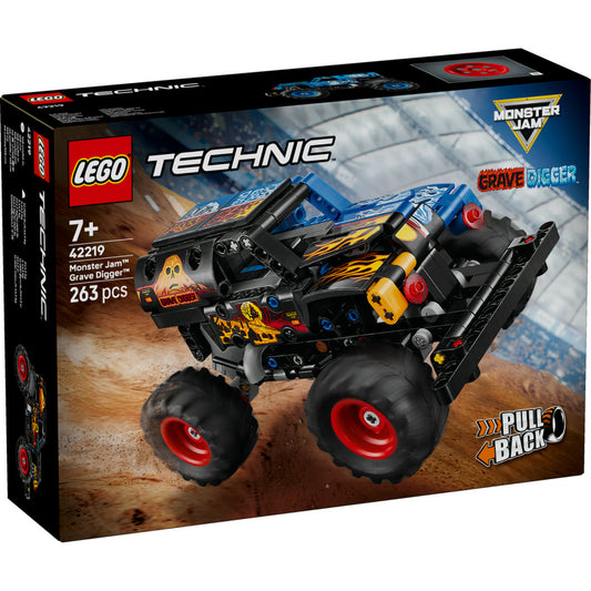 LEGO Technic Monster Jam Grave Digger (42219) – a készlet dobozának elölnézete, lendkerekes monster truck modell.