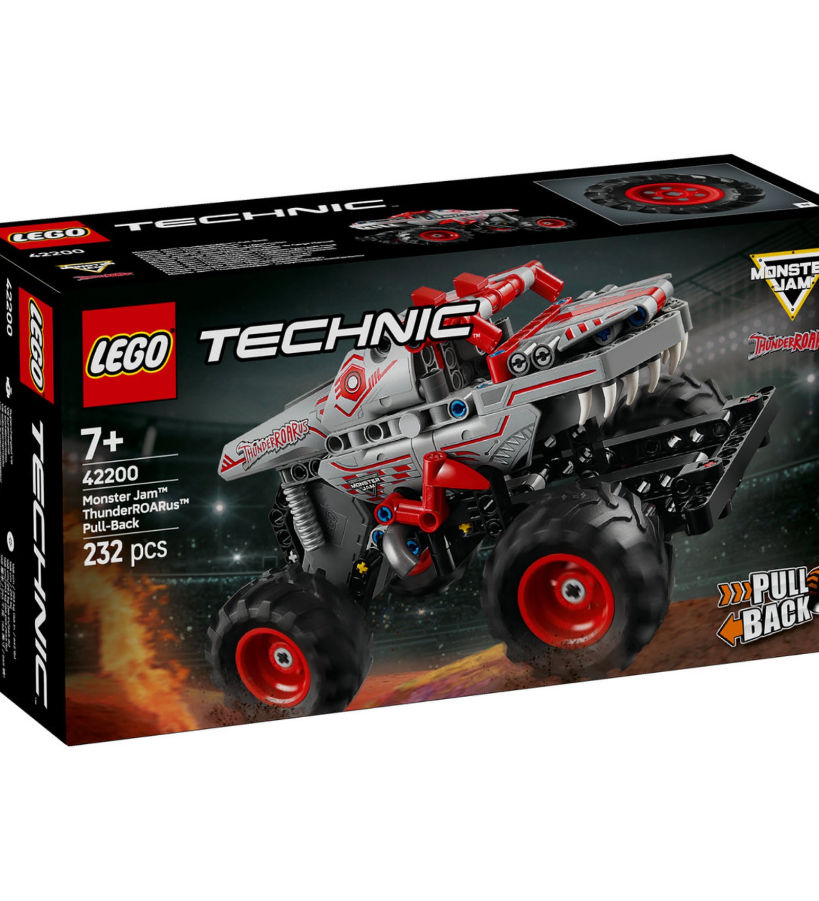 A LEGO Technic Monster Jam ThunderROARus szett doboza, amelyen egy részletesen kidolgozott monster truck látható pull-back mechanizmussal. A dizájn piros, szürke és fekete színeket használ, monster truck stílusjegyekkel. A szett száma: 42200.